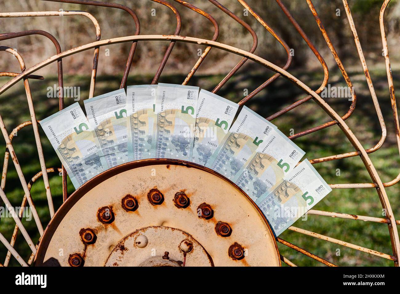 Des billets d'euro bloqués dans la roue d'un faneur de foin. La roue des subventions agricoles tourne. Banque D'Images