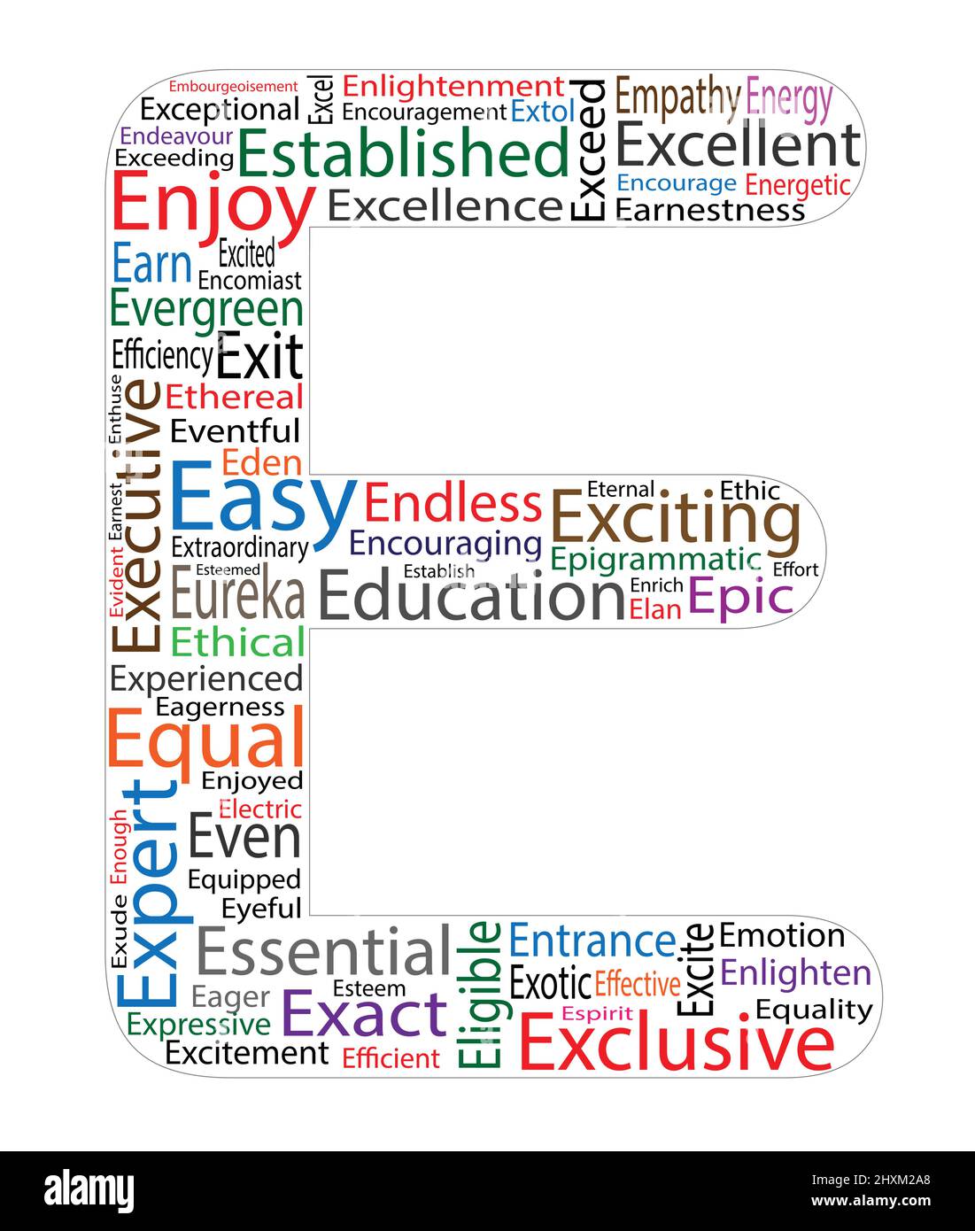 Nuage de mots ABC. Mots positifs lettre E Illustration de Vecteur