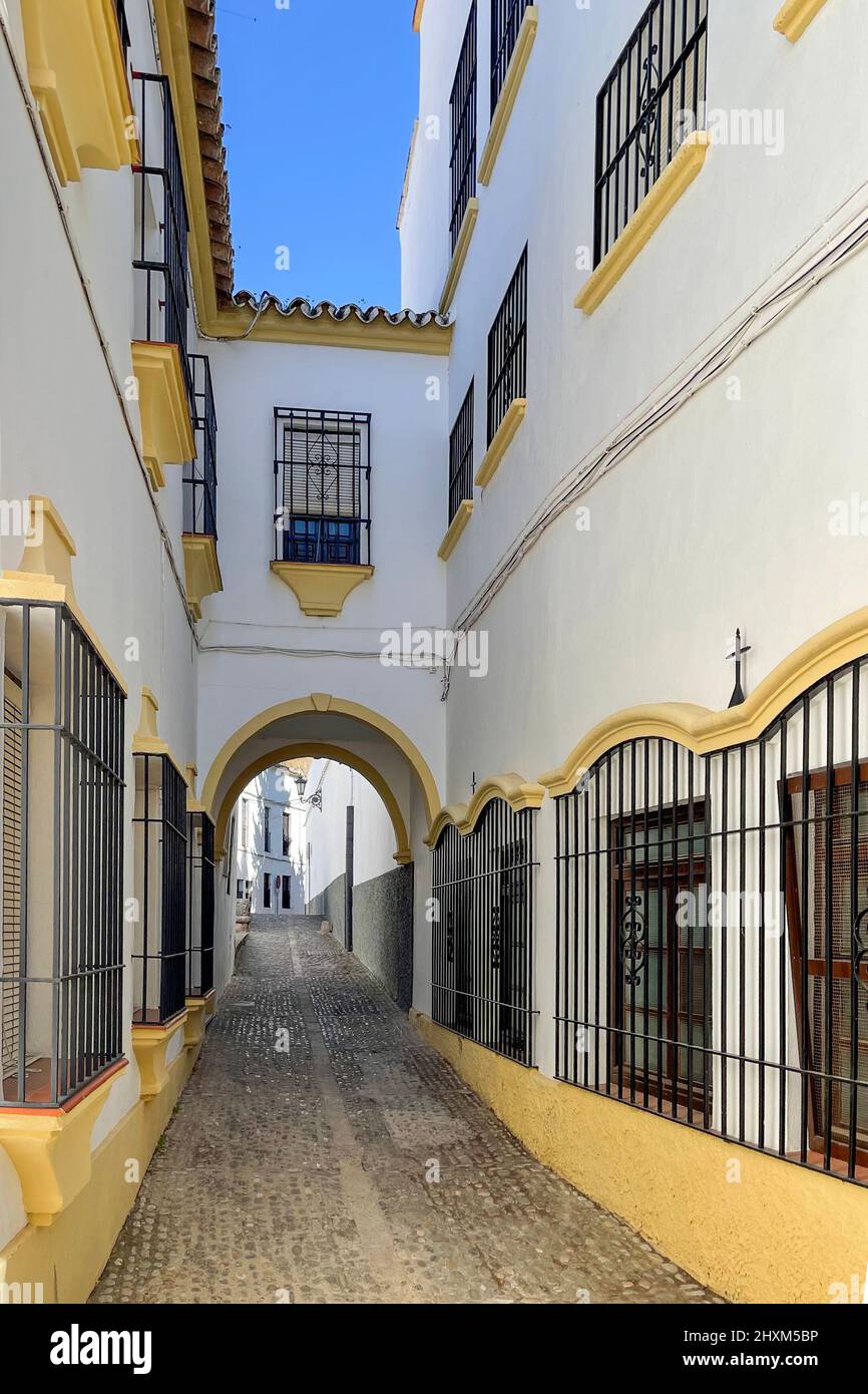 Ronda, Andalousie, Espagne. Belle allée dans la vieille ville de Ronda, dans la région andalouse, faisant partie des célèbres villages blancs (Pueblos Blancos). Banque D'Images