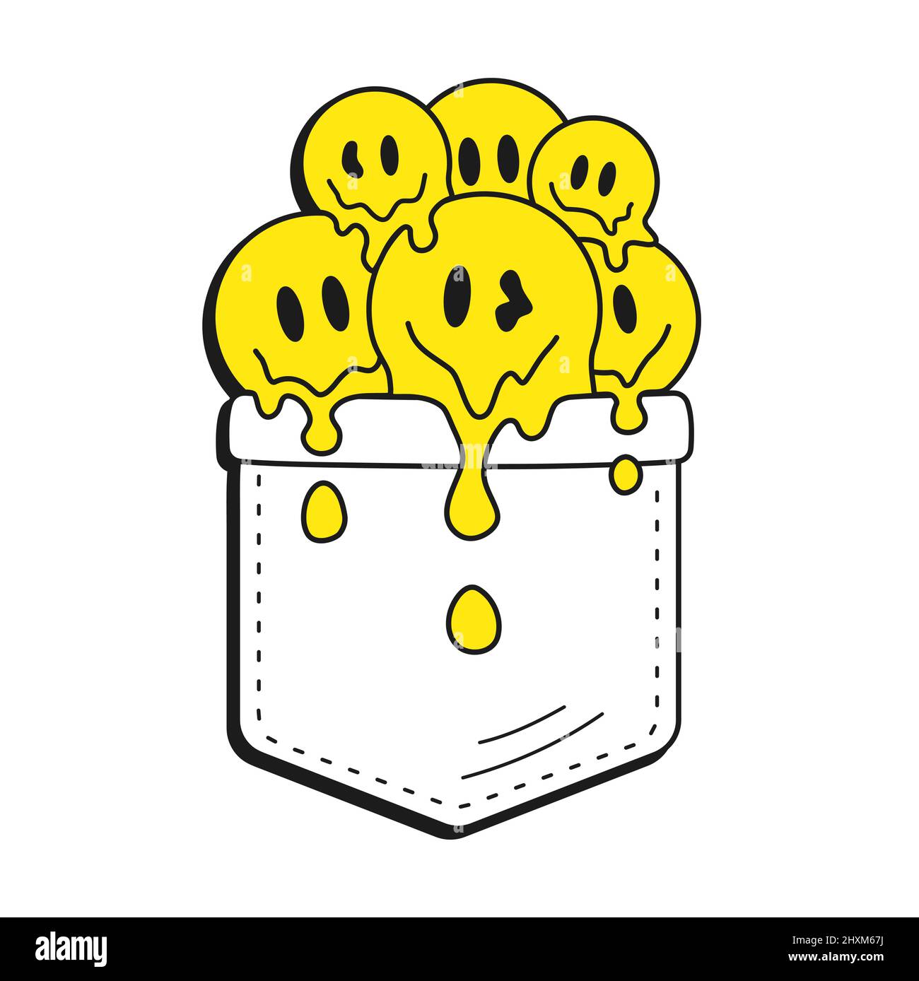 Drôle de visage de sourire en fusion dans la poche t-shirt imprimé.Vector dessin animé Doodle style ligne logo illustration. Trippy vintage amusant, acide melt visage de sourire imprimé pour t-shirt de poche, concept de vêtements Illustration de Vecteur