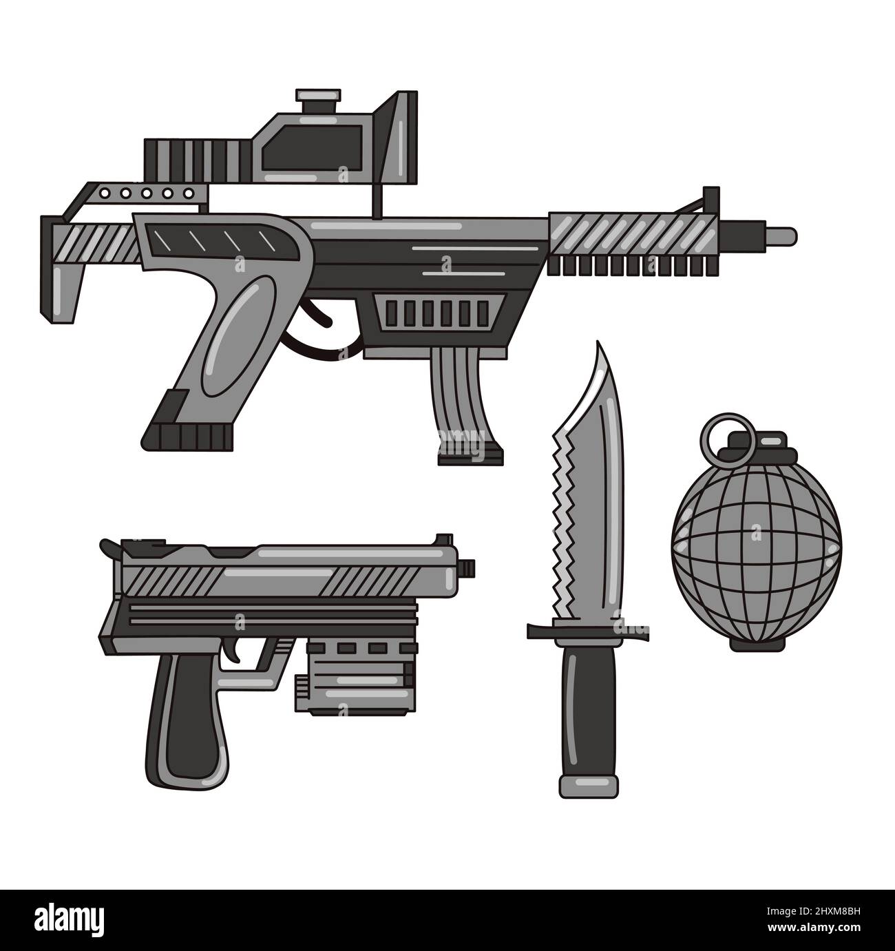 Collection de jeux d'armes futuristes. Illustration du logo de dessin animé vectoriel à lignes plates. Arme, pistolets, couteau, grenade Illustration de Vecteur