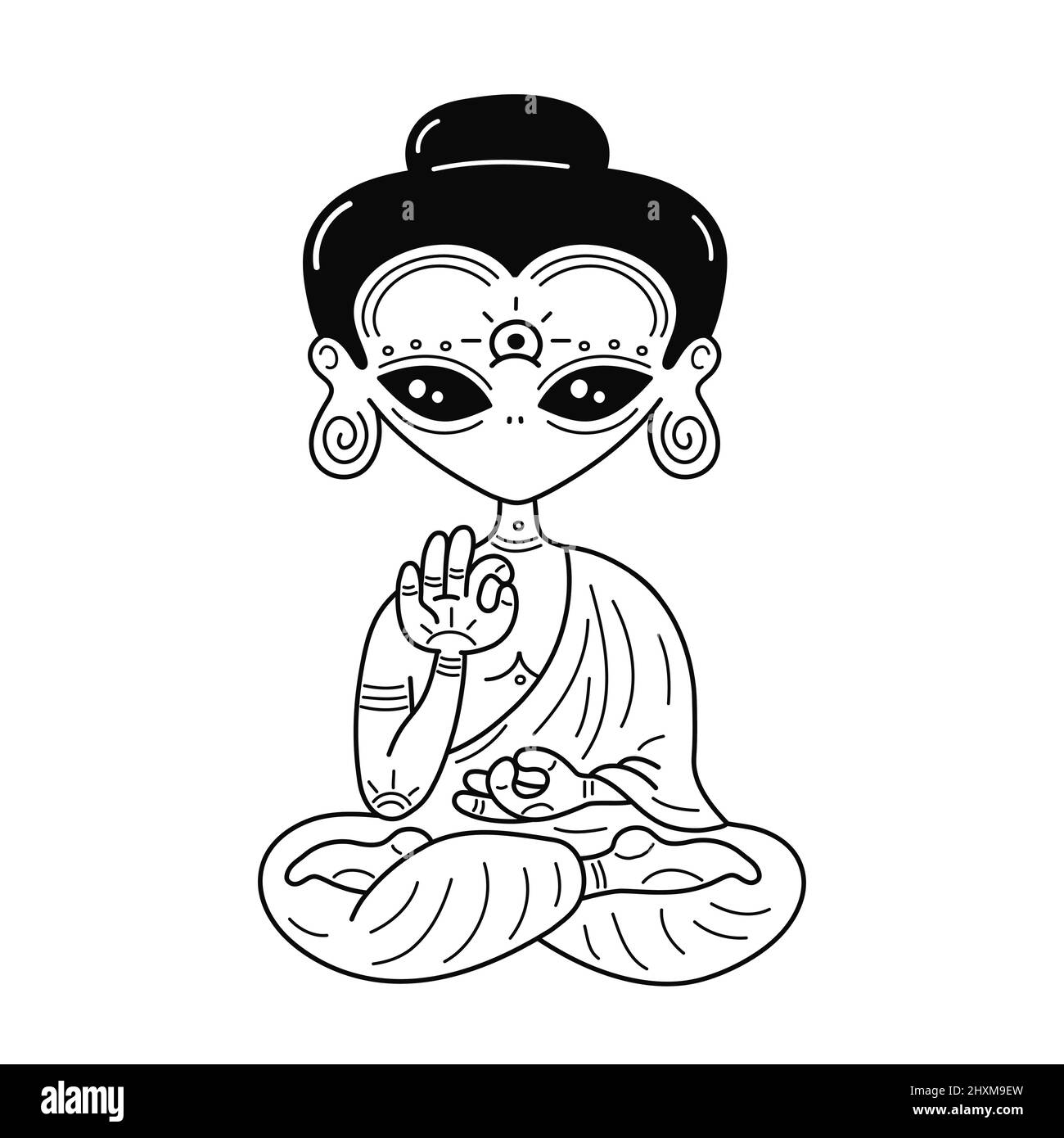 Funny Buddha extraterrestre s'assoir dans lotus yoga pose.Vector ligne art page pour coloriage livre.Buddha,bouddhiste,extraterrestre,ovni,green cosmique créature caractère t-shirt,logo,sticker print concept Illustration de Vecteur
