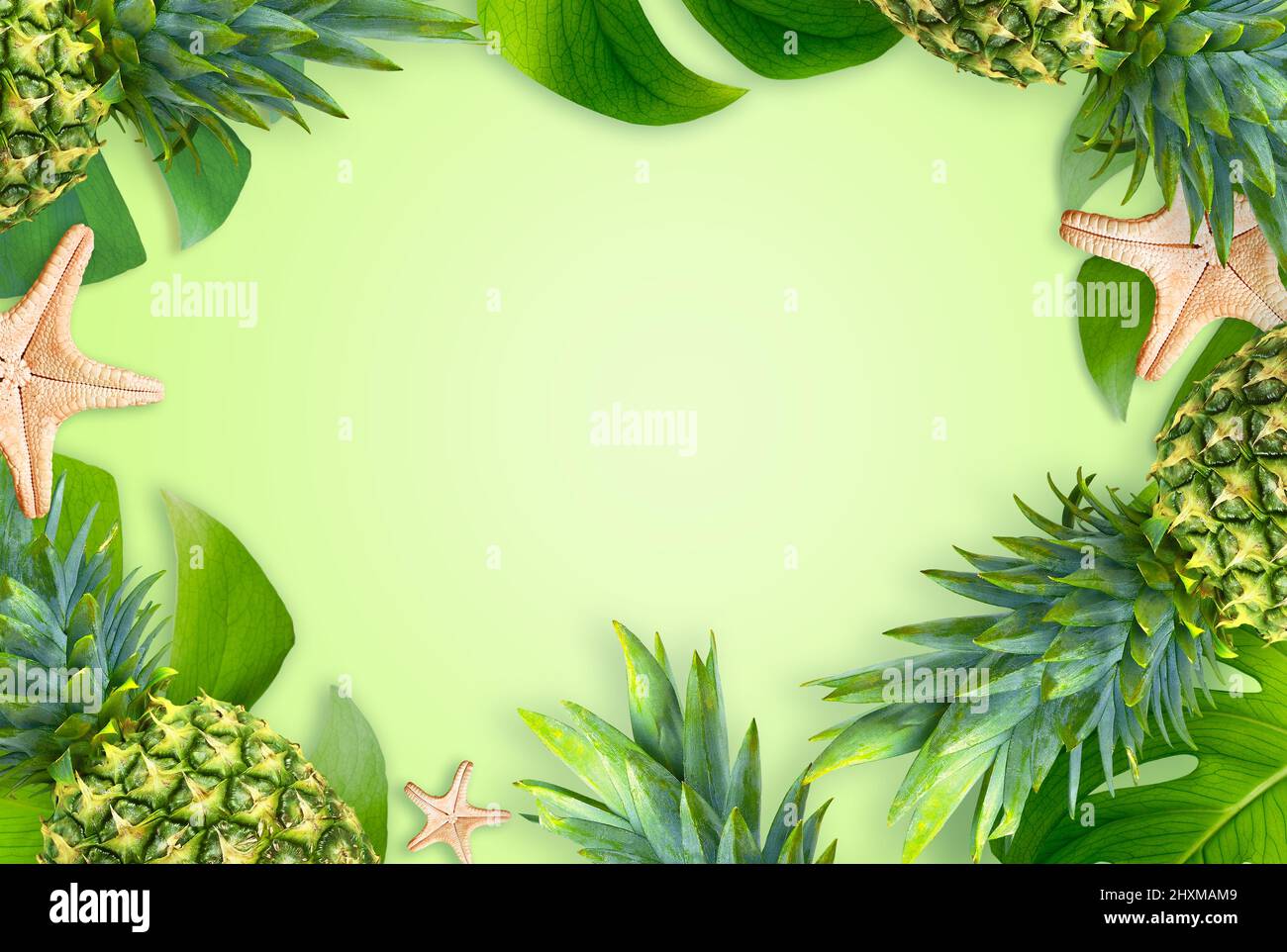 Concept de fond d'été. Vue de dessus de la plage de voyage de vacances avec étoiles de mer, ananas et feuilles de monstère sur fond vert Banque D'Images