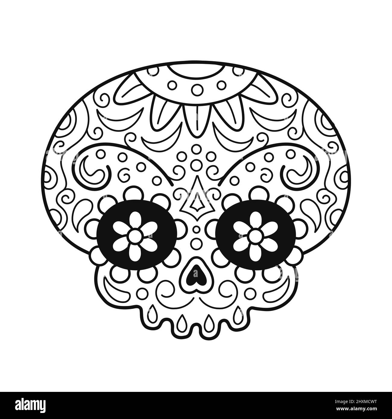 Page du crâne de sucre mexicain pour le livre de coloriage. Icône d'illustration de personnage de dessin animé à lignes de Doodle vectorielles. Imprimé t-shirt à motif tête de mort, motif page de coloriage Illustration de Vecteur