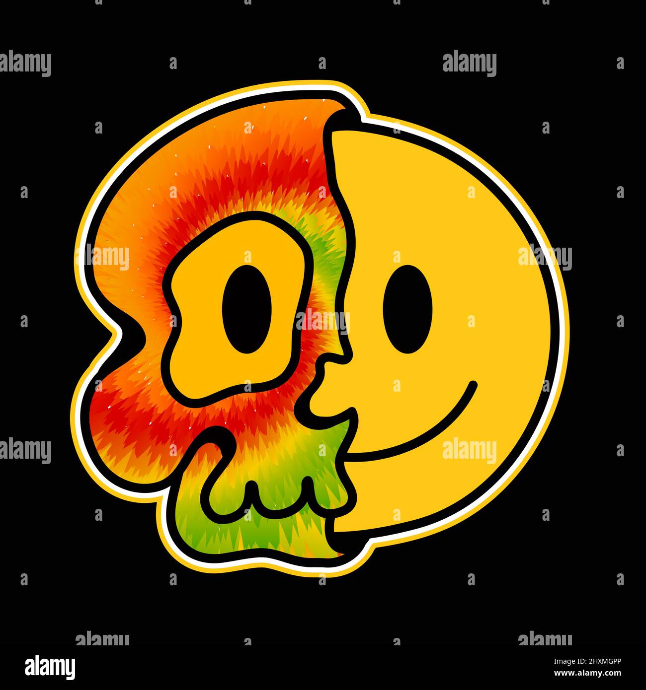 Moitié de crâne avec visage de sourire à l'intérieur.Vector main ligne dessinée teinture cravate style 70s dessin de personnage dessin animé illustration logo.Trippy moitié crâne smiley, teinture cravate, sourire émotiji visage imprimé pour t-shirt, concept d'affiche Illustration de Vecteur
