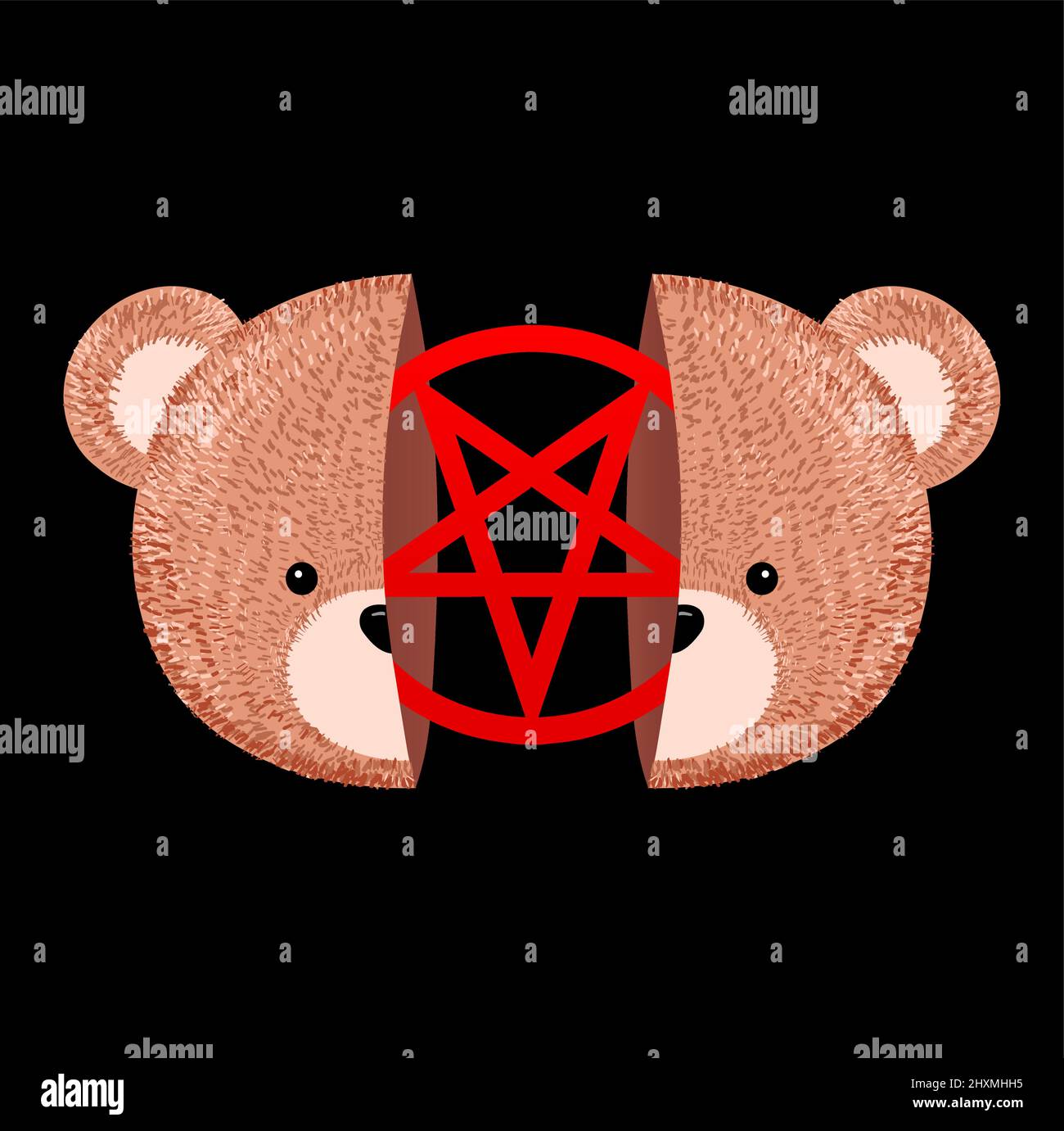 Deux têtes de jouet à moitié ours avec imprimé pentagramme à l'intérieur pour t-shirt. Dessin animé vectoriel kawaii dessin de personnage à la main illustration.mignon ours heureux, satanic, diable, mal imprimé pour t-shirt, logo, poster art concept Illustration de Vecteur