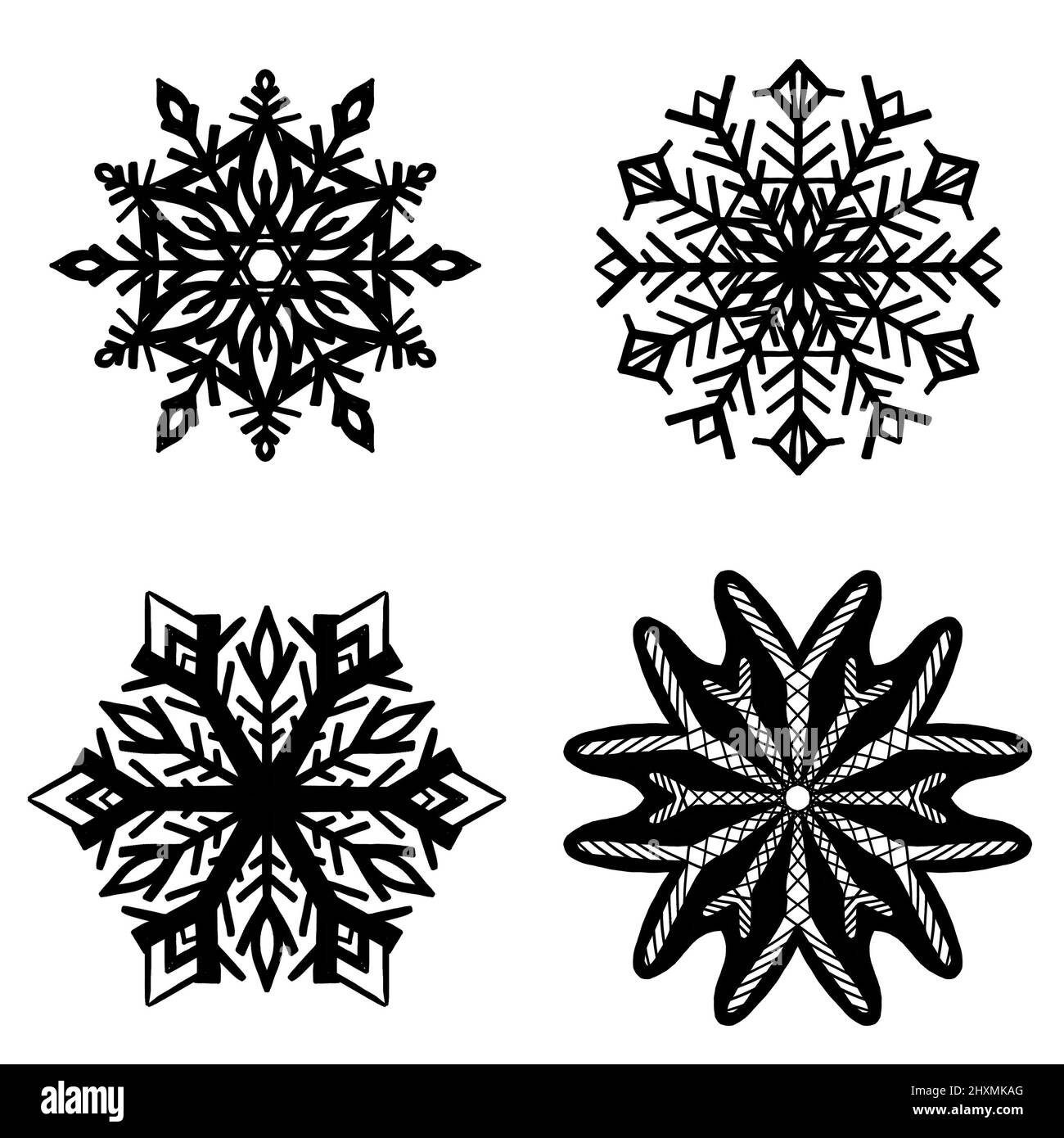 illustration de flocon de neige noir sur blanc - jeu de quatre Banque D'Images
