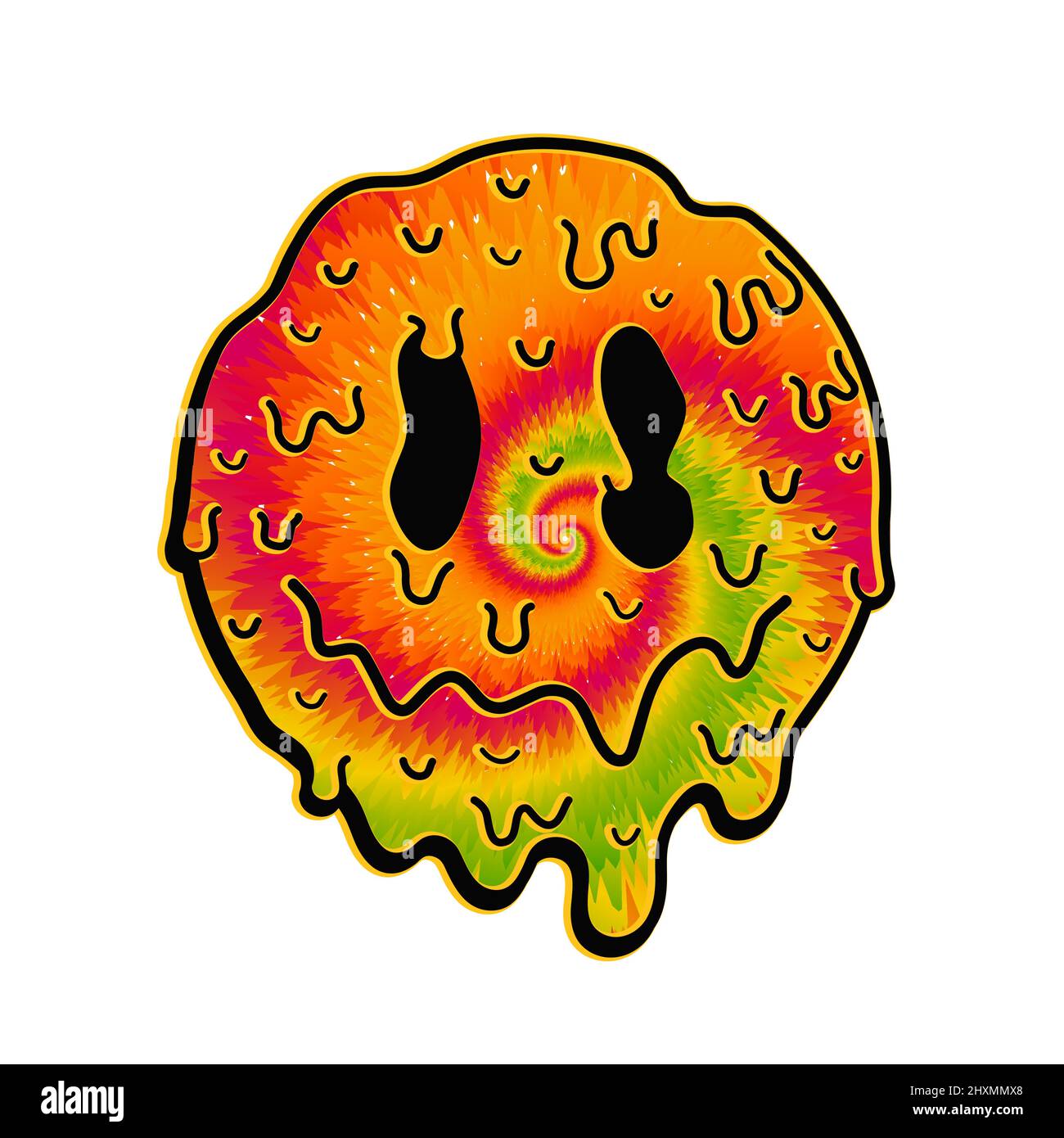 Drôle de teinture de cravate psychédélique surréaliste fondre sourire visage.Vector tiedye dessin animé personnage illustration logo.Smile jaune groovy visage cravate colorant, acide, techno, trippy imprimé pour t-shirt, poster, carte concept Illustration de Vecteur