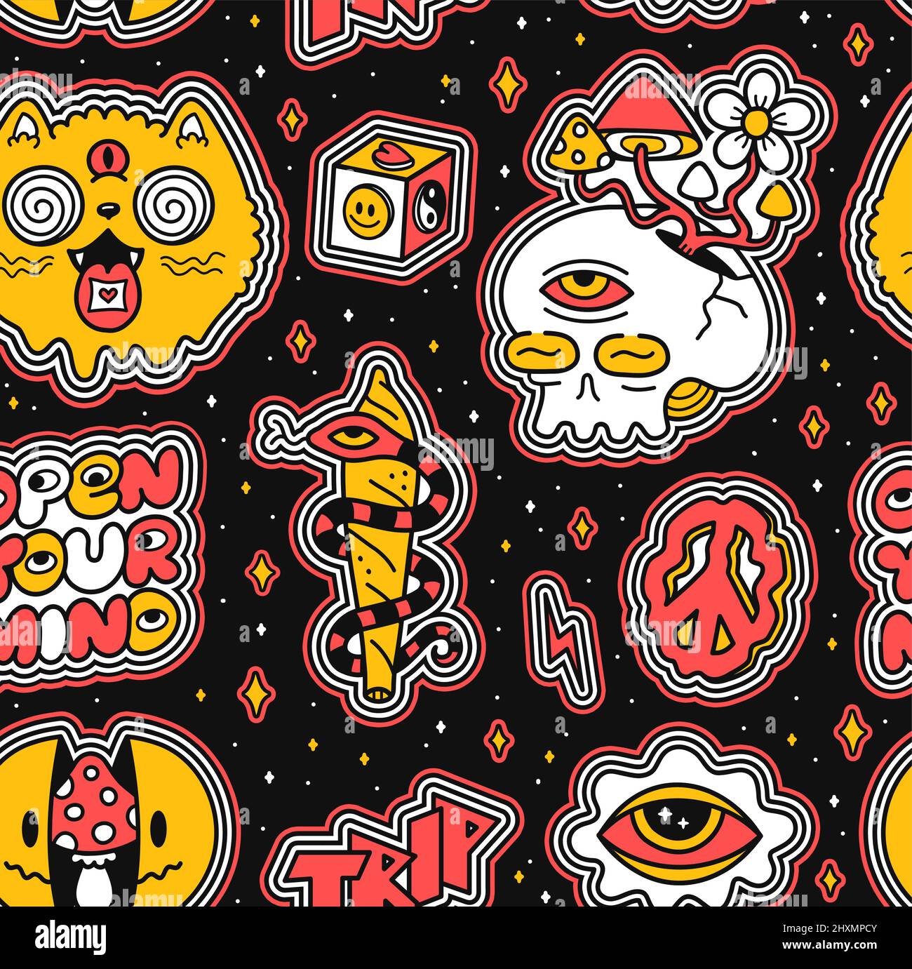 Drôle fou psychédélique modèle sans couture. Dessin d'arrière-plan d'illustration de dessin animé vectoriel. Psychédélique, groovy, trippy, acide lsd, champignons magiques imprimé pour un concept sans couture Illustration de Vecteur