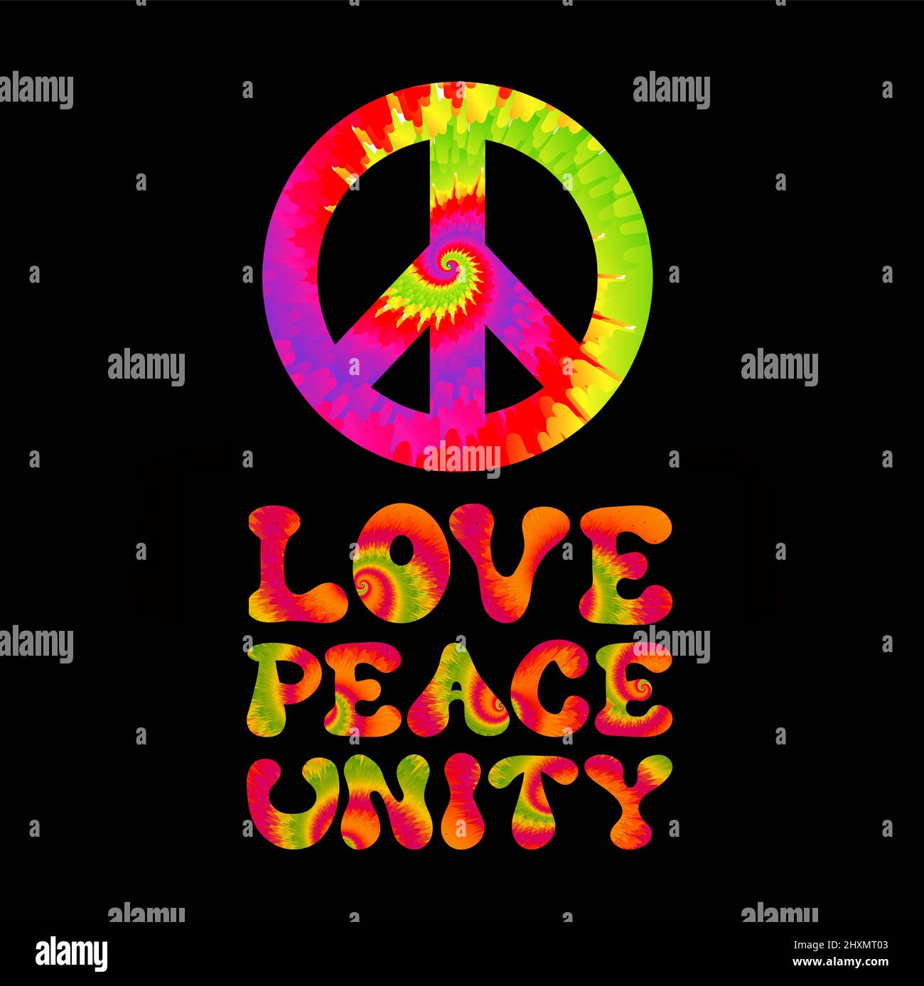 Amour, paix, citation d'unité. Tie teye psychédélique police surréaliste.Vector tiedye illustration logo.Love,Peace,Unity slogan text.60s,70s,groovy,tie teye psychédélique,triptyque pour t-shirt,poster,sticker concept Illustration de Vecteur