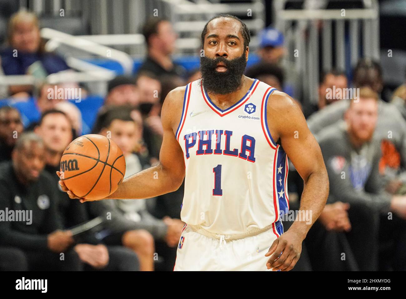 Philadelphia 76ers guard James Harden (1) controls the ball during the  second half of an NBA basketball game against the Los Angeles Lakers in Los  Angeles, Sunday, Jan. 15, 2023. (AP Photo/Ashley