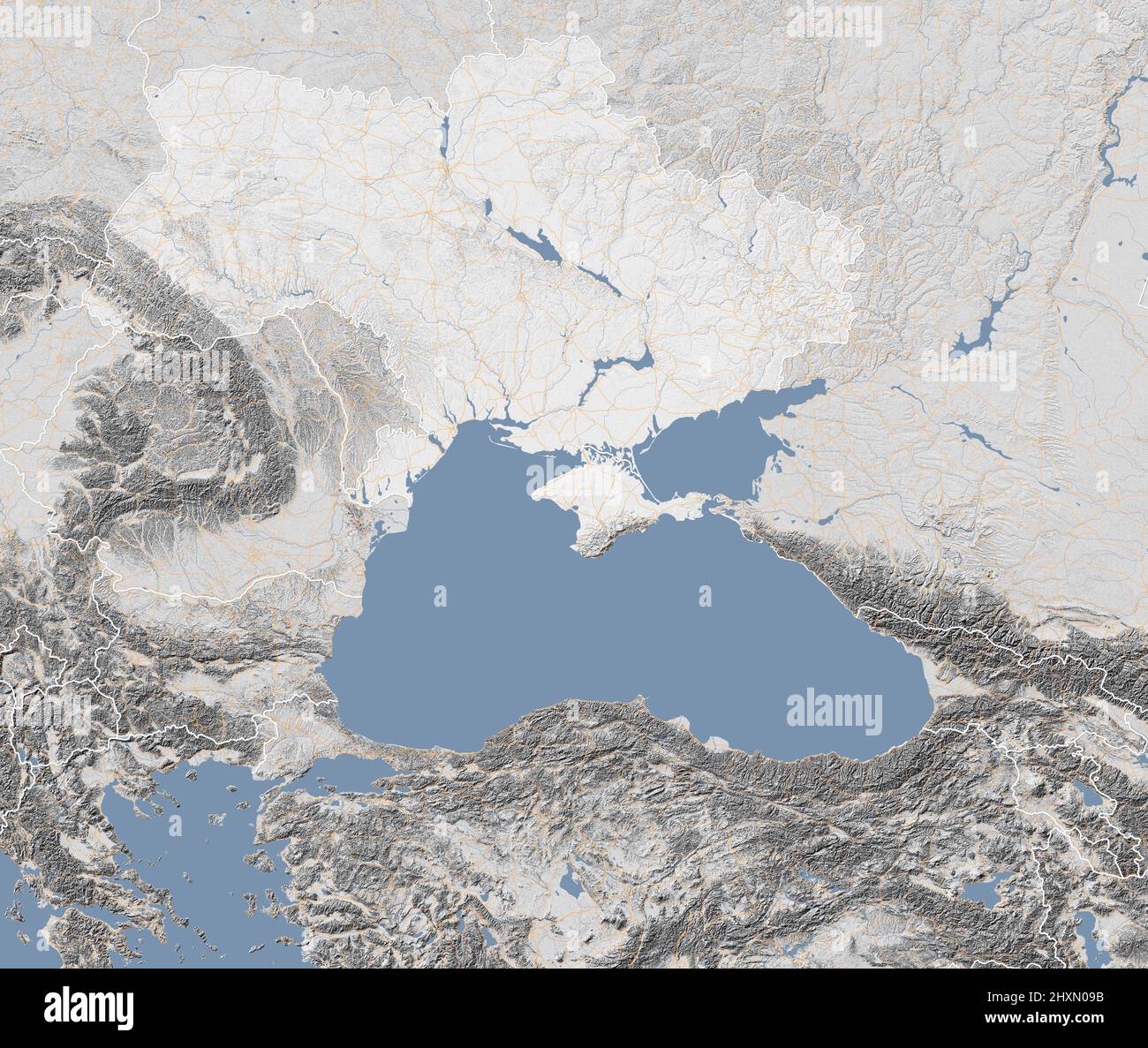 Carte de l'Europe de l'est, de l'Ukraine et des Etats voisins, vue satellite, mer Noire et Turquie. Grugeage ombré. Routes principales et centres urbains. 3d rendu Banque D'Images