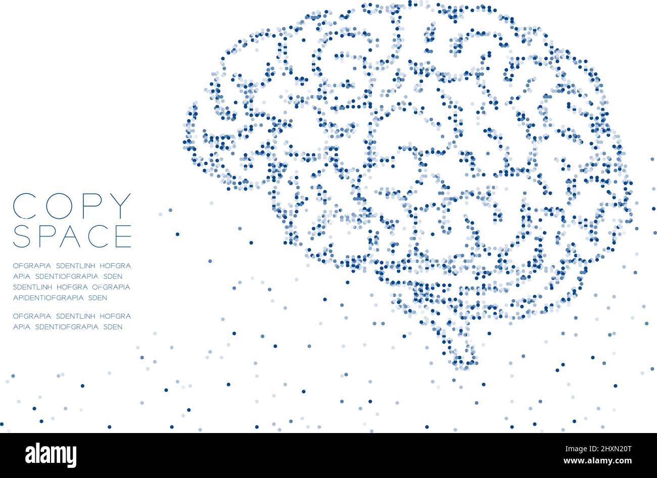 Résumé géométrique cercle point molécule modèle de particule vue latérale du cerveau forme, technologie VR science médicale concept design bleu illustration de couleur est Illustration de Vecteur