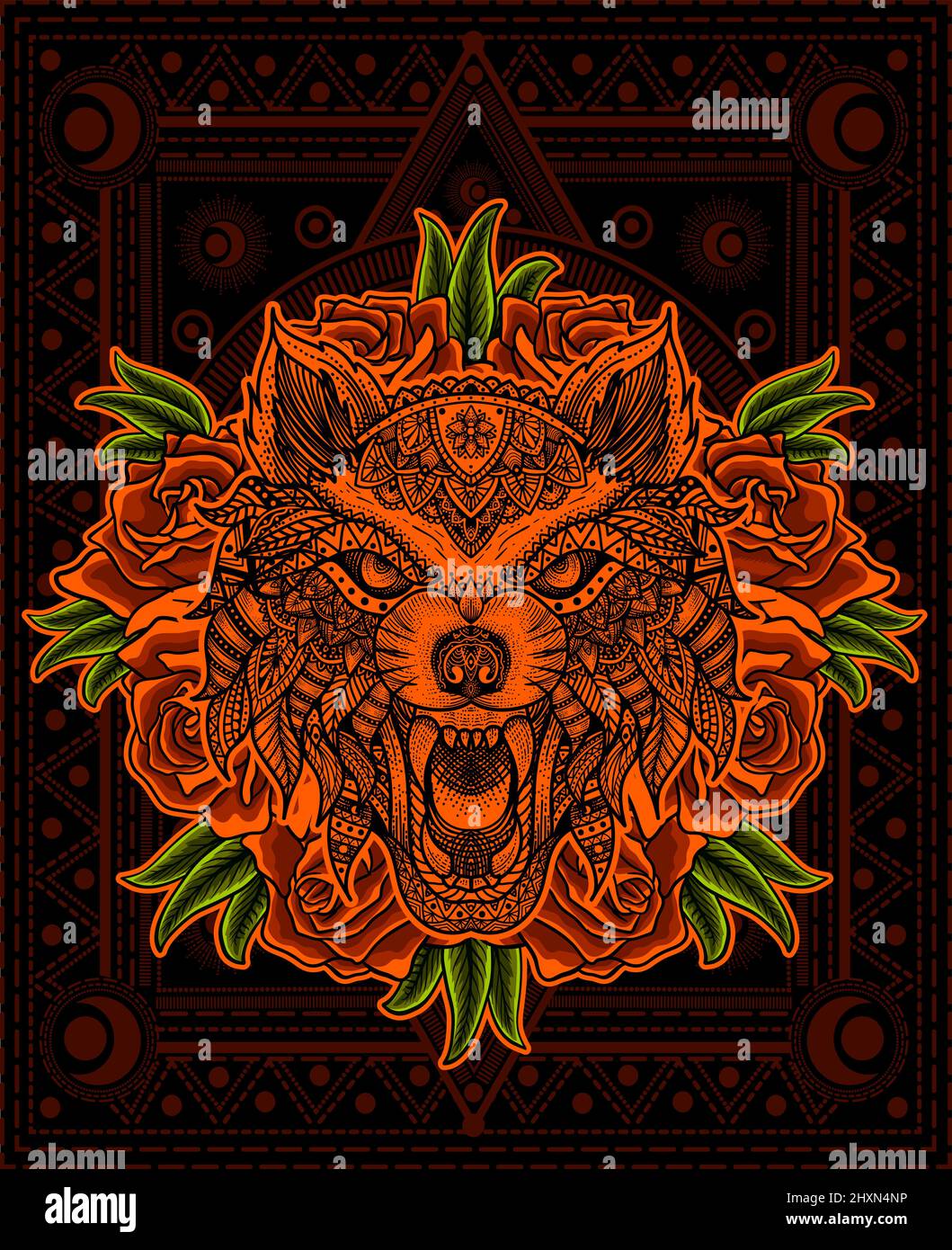 illustration tête de loup mandala avec fleur rose Illustration de Vecteur