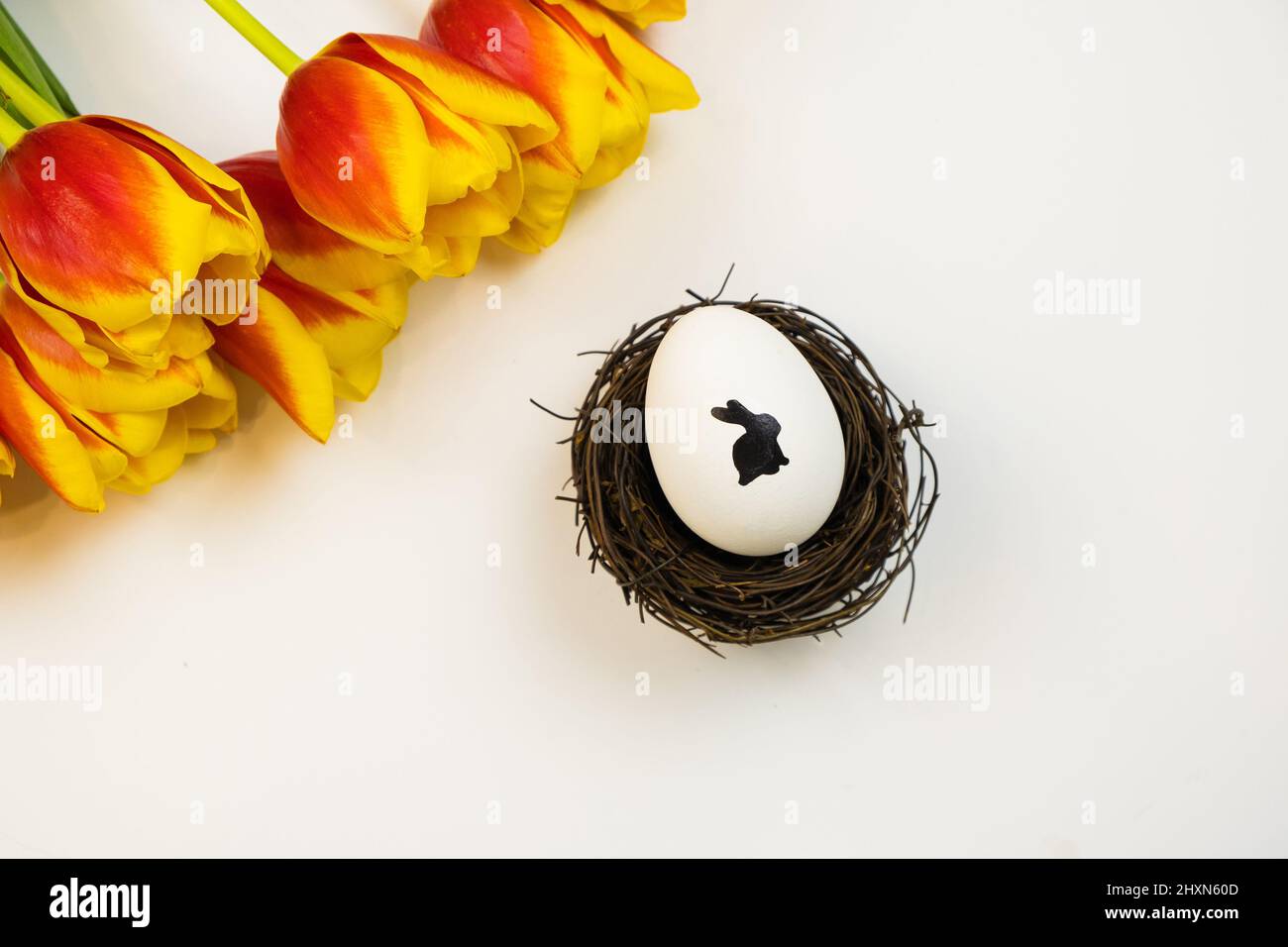 Oeuf blanc avec un motif de lapin dans un nid avec des tulipes rouges sur fond blanc. Carte de vœux de Pâques Banque D'Images