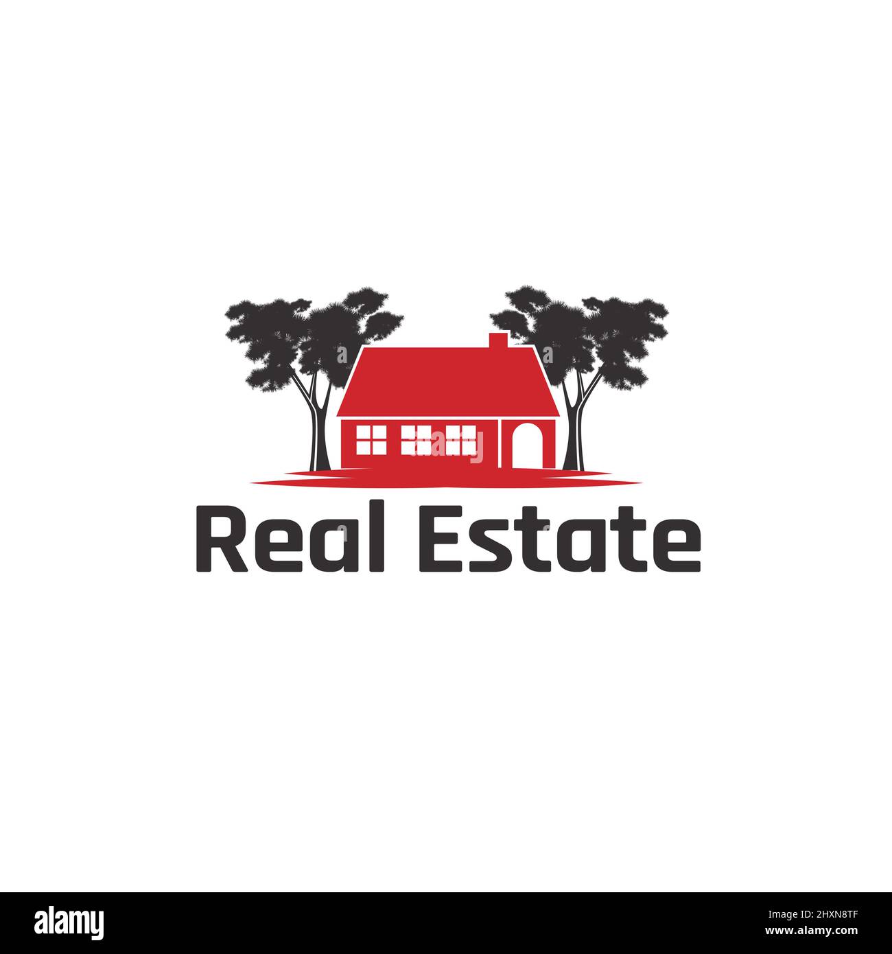 Logo de la maison rouge entouré d'arbres ombragés Illustration de Vecteur