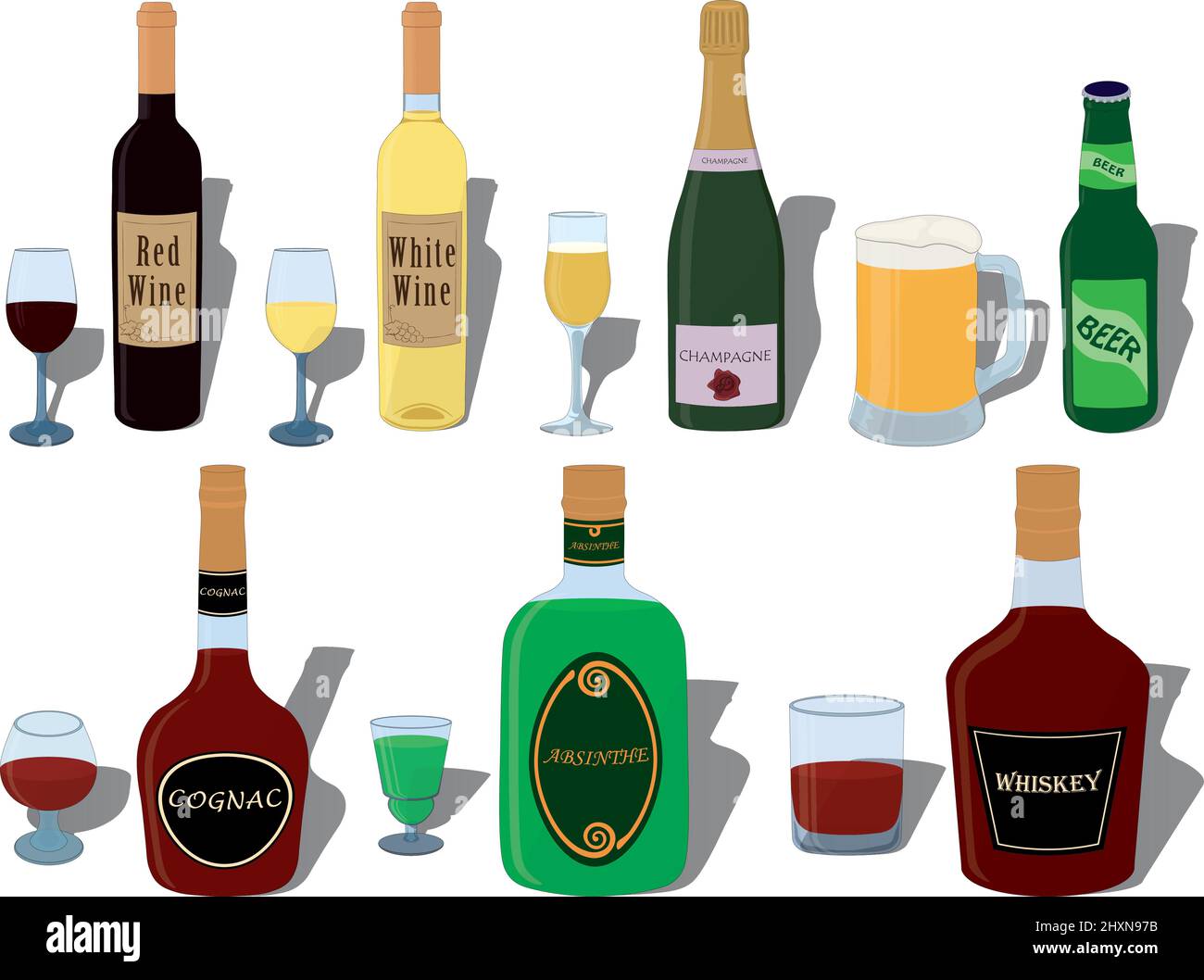 Boissons alcoolisées, bouteille et verres spéciaux paires collection illustration vectorielle Illustration de Vecteur