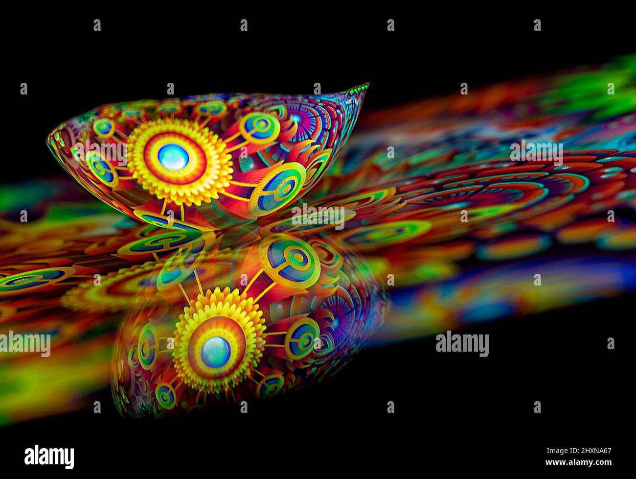 Arrière-plan psychédélique multicolore abstrait créé avec une cuillère en métal de réflexion Banque D'Images
