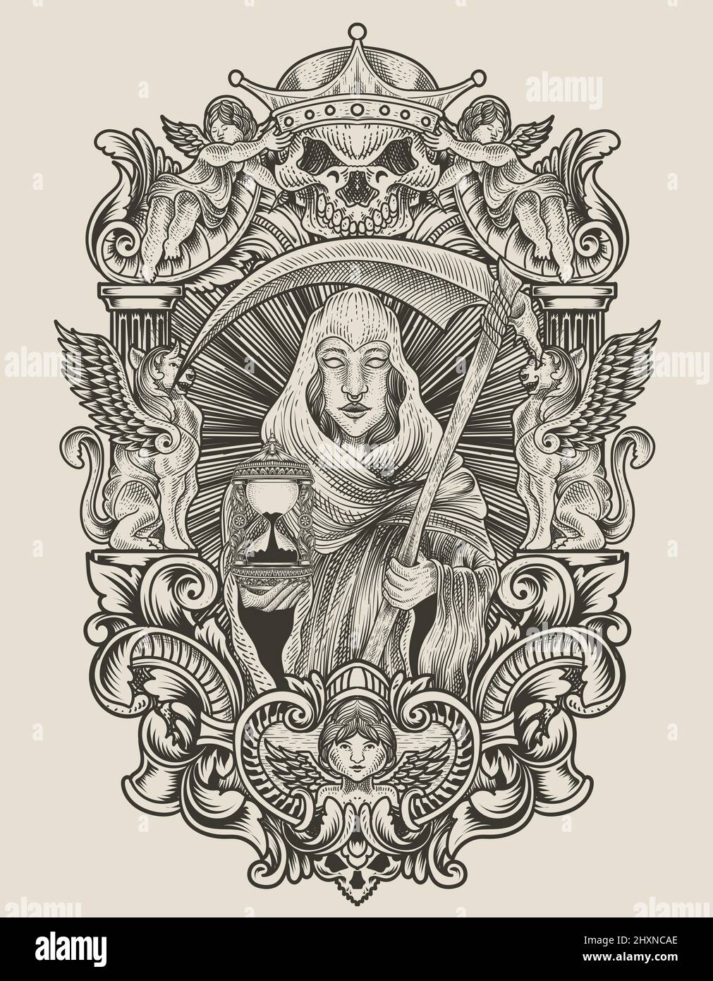 illustration de la mort ange femme avec gravure ornement style Illustration de Vecteur
