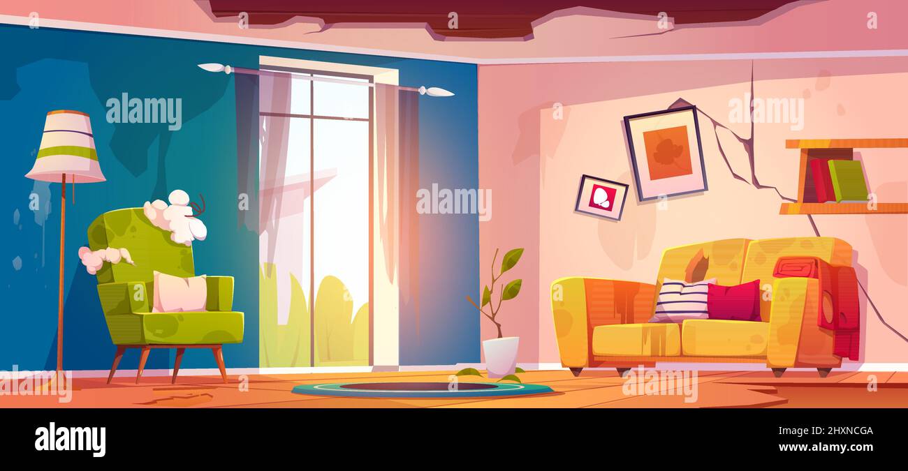 Intérieur de salon abandonné, appartement négligé avec mur fissuré, trous dans le plafond ou le plancher, vieux meubles cassés, maison déserte ou hôtel après la guerre ou catastrophe naturelle dessin vectoriel de dessin animé Illustration de Vecteur