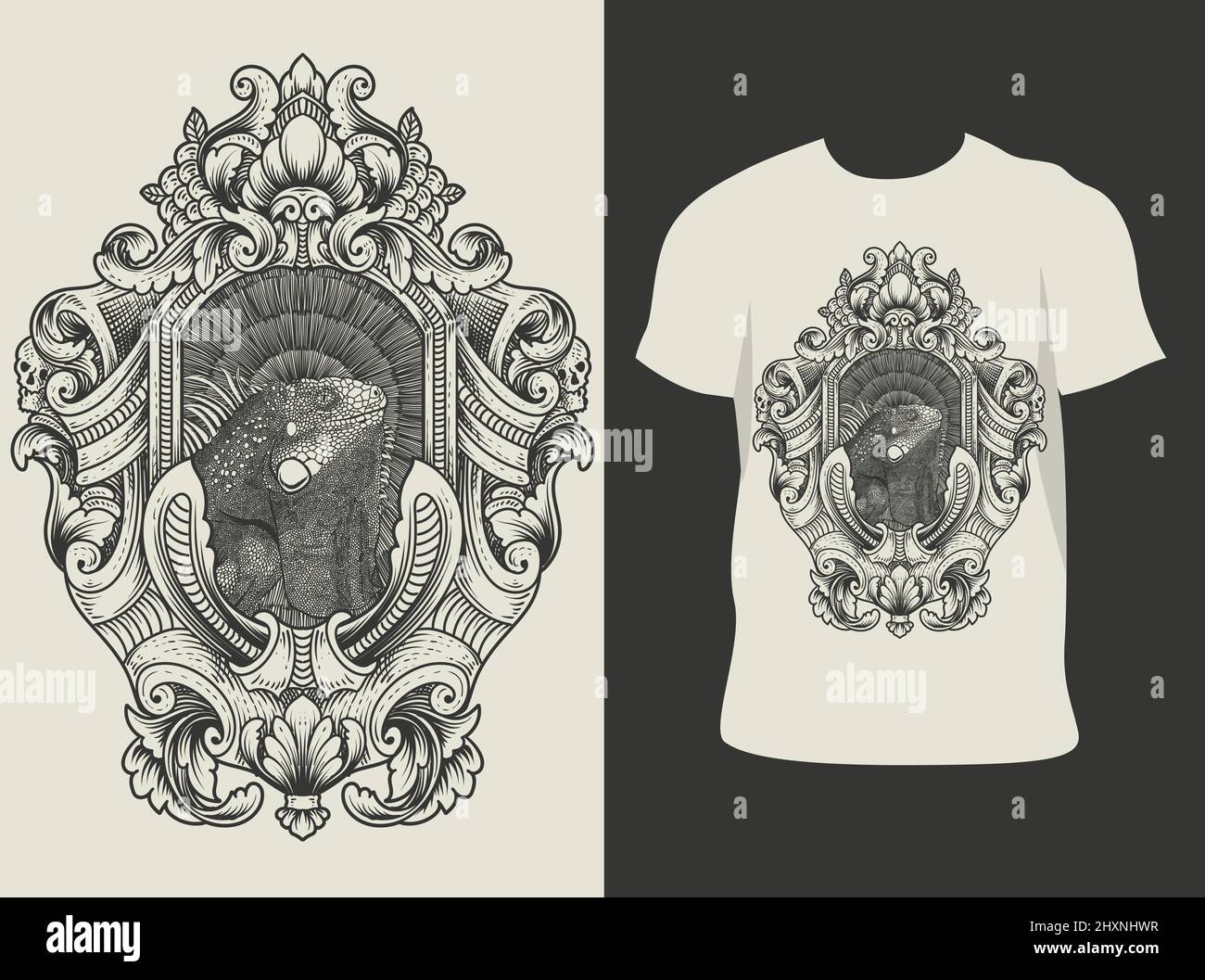 illustration iguana vintage avec cadre de gravure d'ornement Illustration de Vecteur