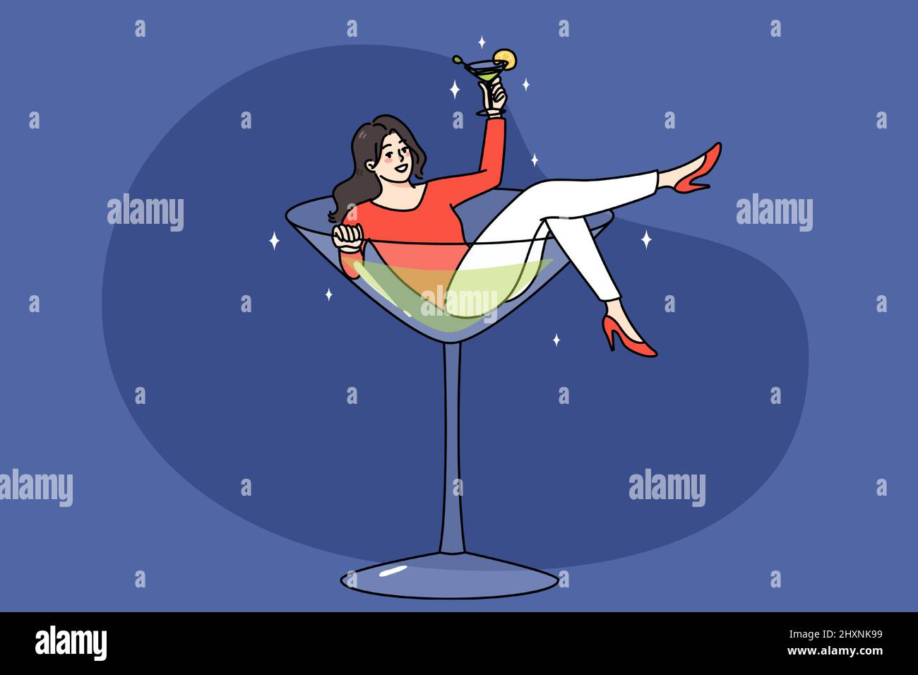 Une jeune femme surjoyée, couchée dans un verre de martini, s'amuse à boire de l'alcool. Concept de mauvaise habitude ou de dépendance. Bonne fille accro aux boissons alcoolisées. Problème d'alcoolisme. Illustration vectorielle. Illustration de Vecteur