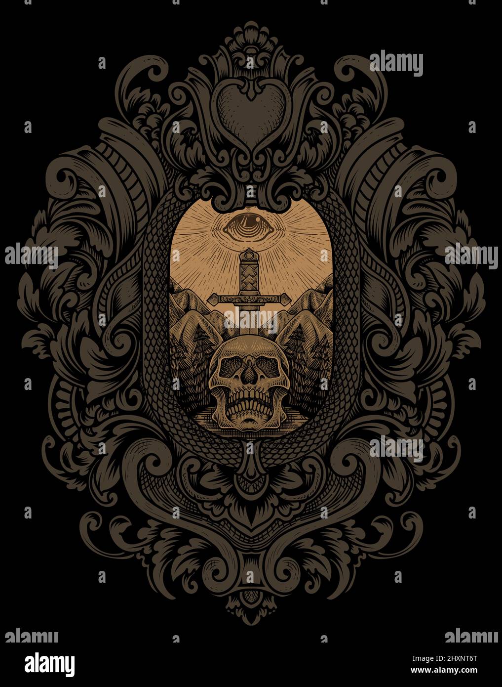 illustration antique épée de crâne avec les yeux sombres style gravure Illustration de Vecteur