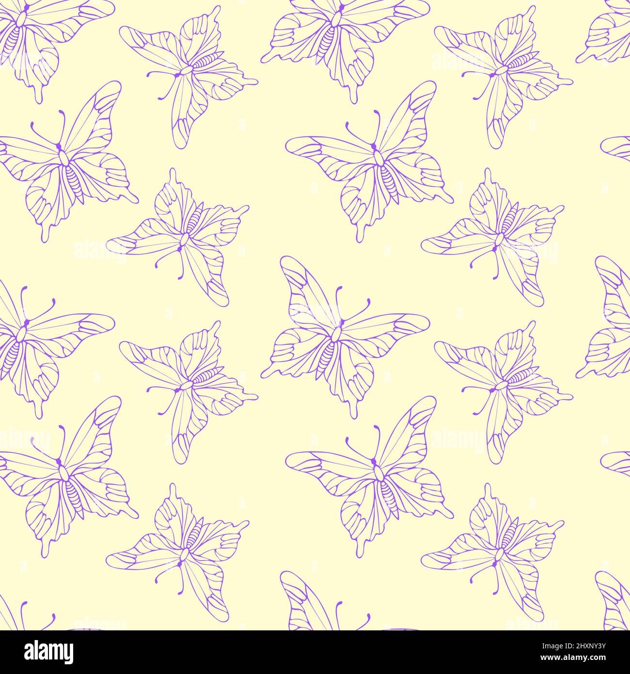Motif papillon, fond jaune pastel doux et contours lilas du papillon, sans couture. Illustration vectorielle Illustration de Vecteur