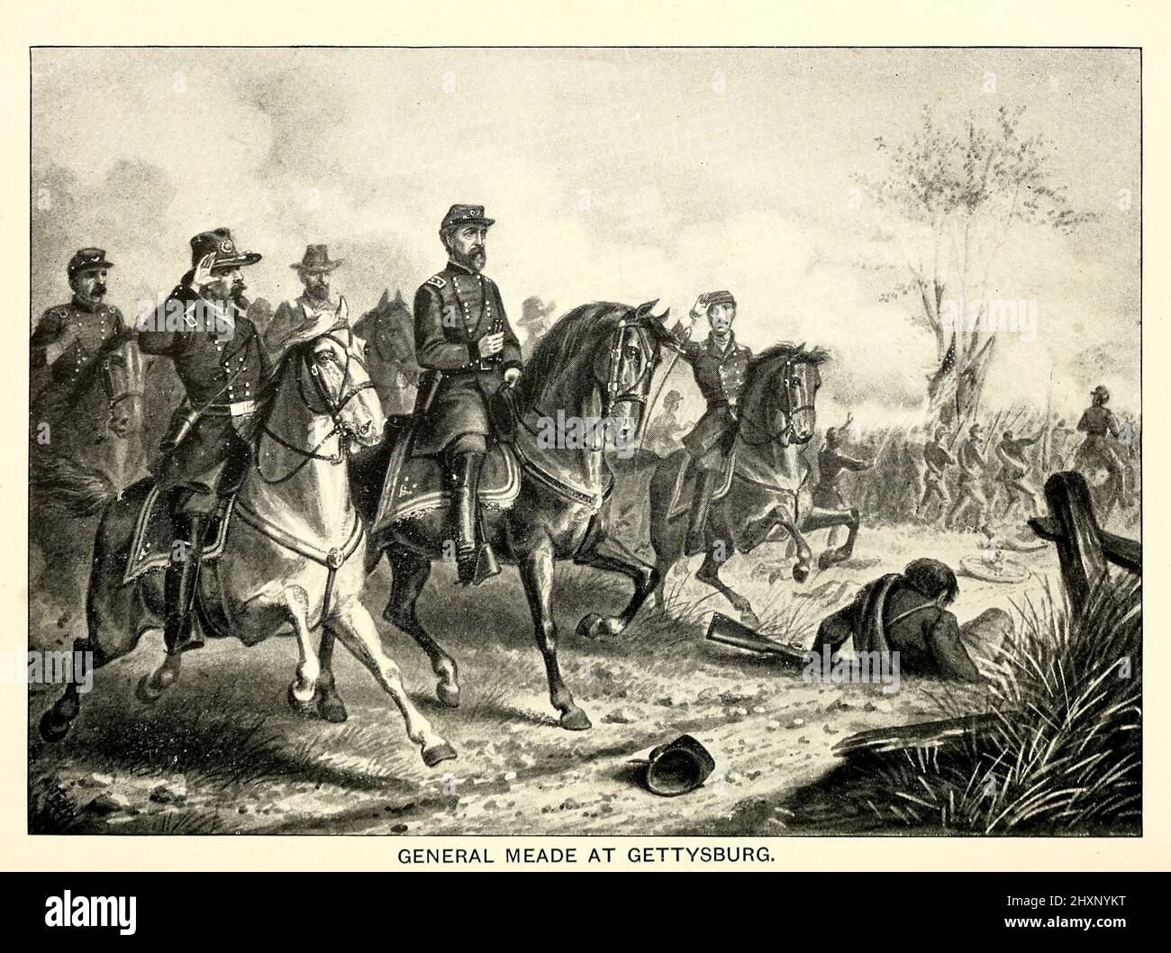Le général Meade à Gettysburg, tiré du livre « les anges du champ de bataille : une histoire des labeurs des frères catholiques à la fin de la guerre civile » de George Barton, publié en 1898 à Philadelphie, Pennsylvanie, par la Catholic Art Publishing Company. Banque D'Images