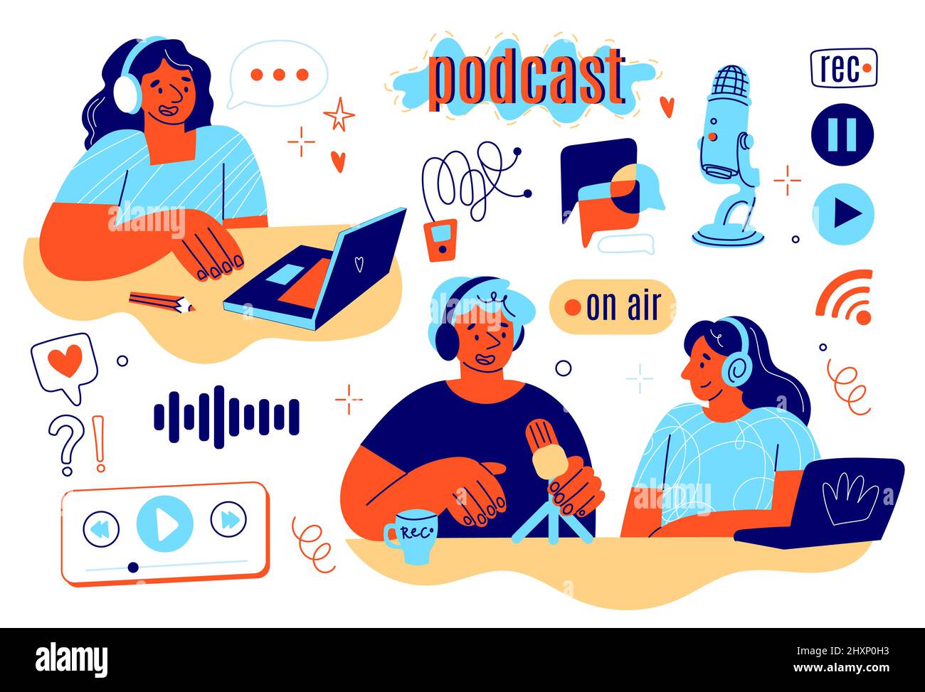 Icônes d'enregistrement de podcast et personnes. Participants à des émissions de radio en studio, réalisation de spectacles audio, personnes avec casque et microphone, en ligne Illustration de Vecteur