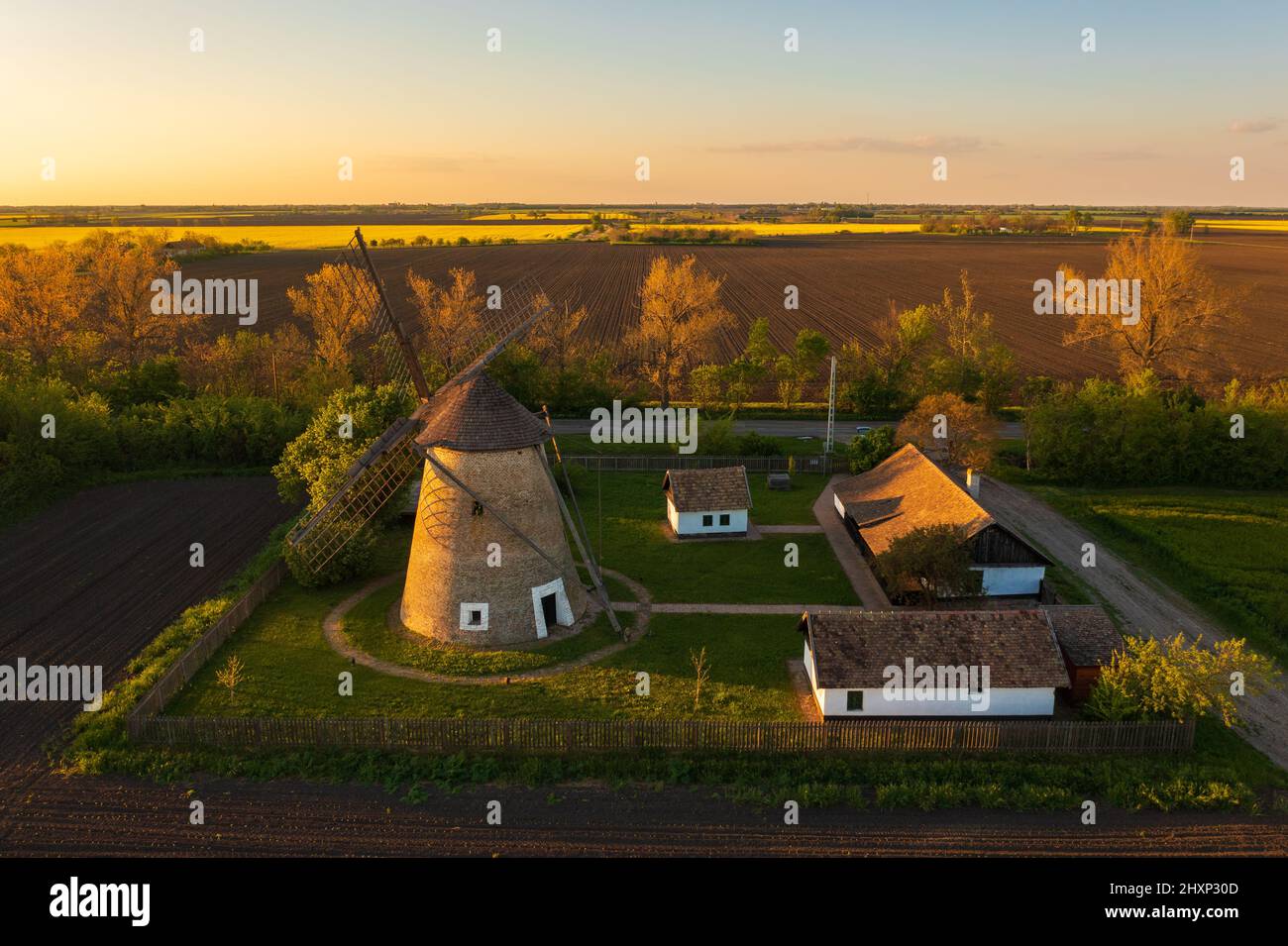 Moulin à vent traditionnel hongrois près de Hodmezovasarhely. Champ de canola à l'arrière-plan. Le nom hongrois est Papi-féle szélmalom. Banque D'Images