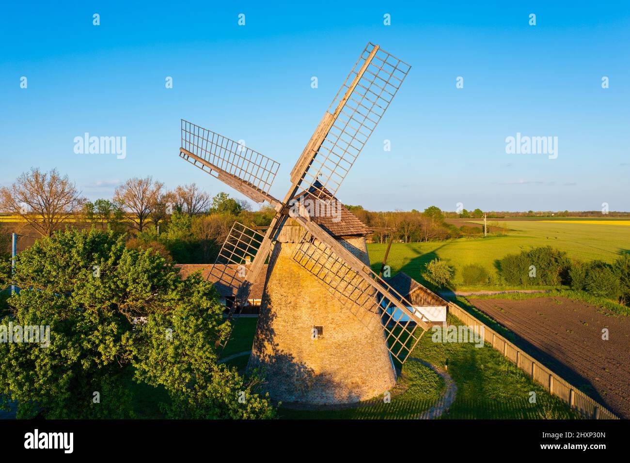 Moulin à vent traditionnel hongrois près de Hodmezovasarhely. Champ de canola à l'arrière-plan. Le nom hongrois est Papi-féle szélmalom. Banque D'Images