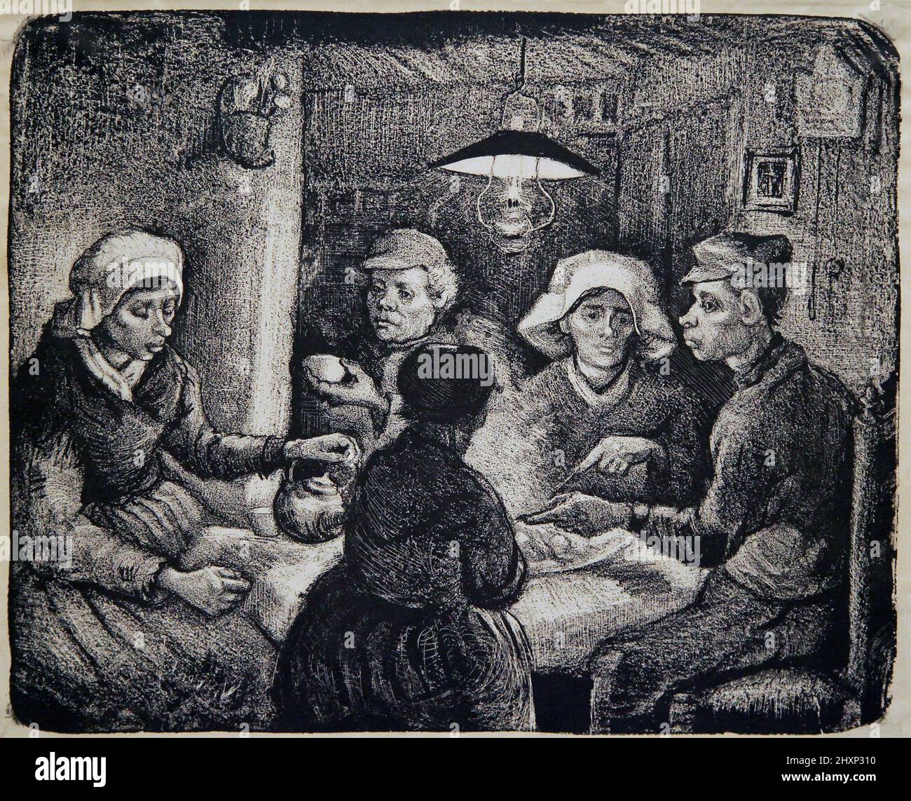 Les mangeurs de pommes de terre.de Aardappeleters (1885) de Vincent van Gogh.(1853-1890).Une lithographie en noir. Banque D'Images