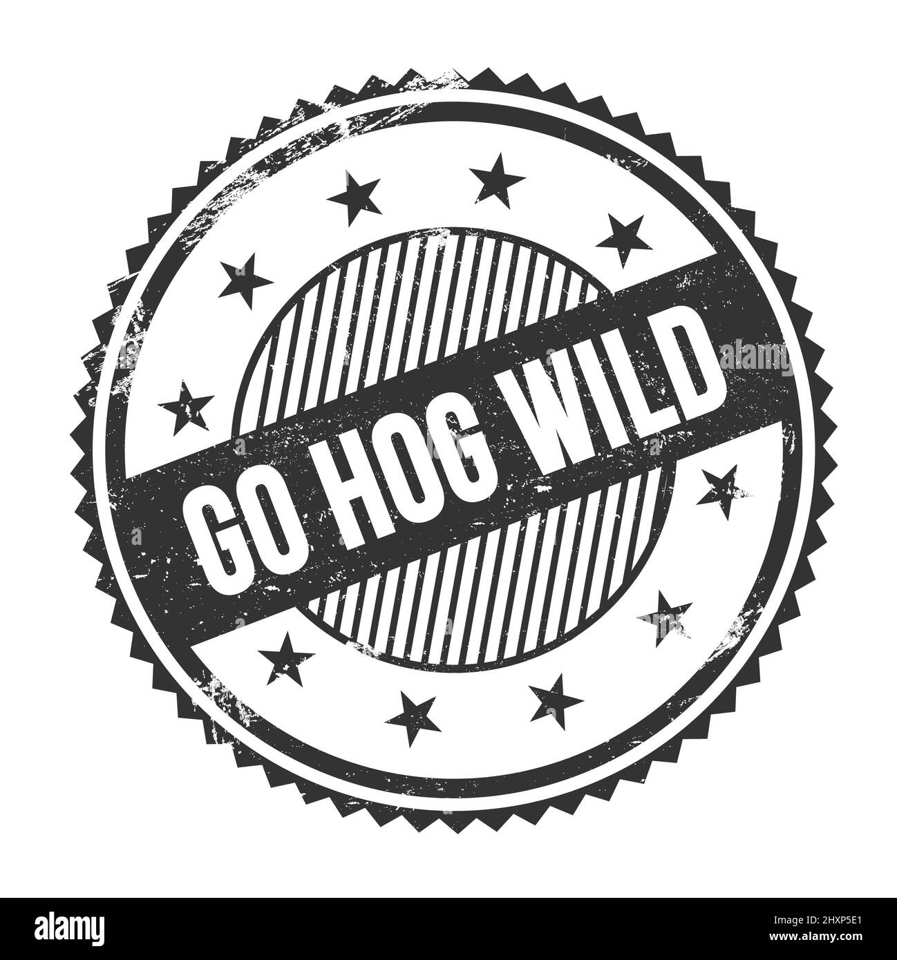 GO HOG TEXTE SAUVAGE écrit sur noir grungy zigzag bordures timbre rond. Banque D'Images