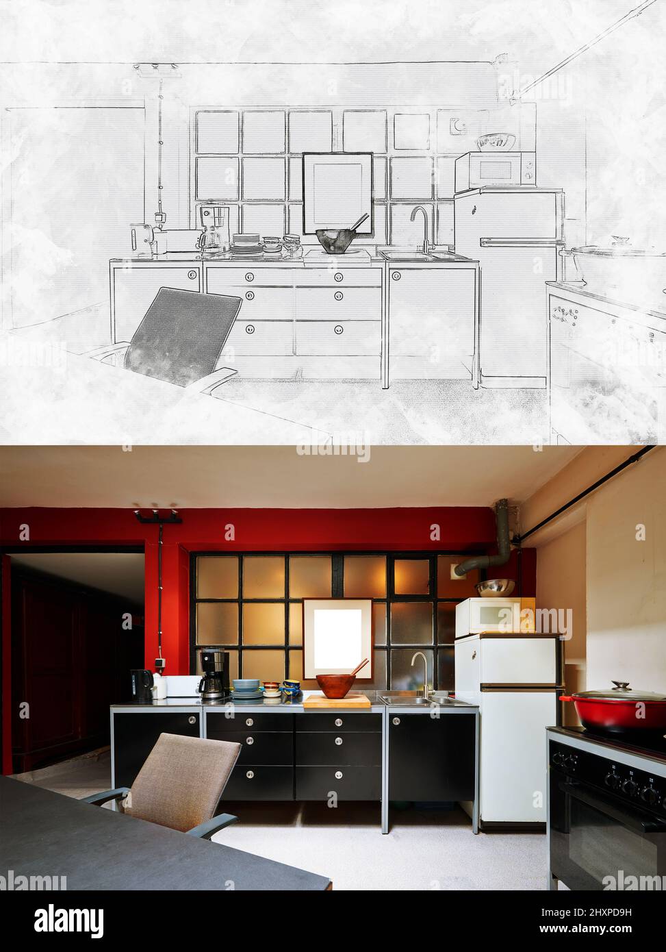 Projet pour une cuisine moderne en grenier grundy et sa réalisation finale Banque D'Images