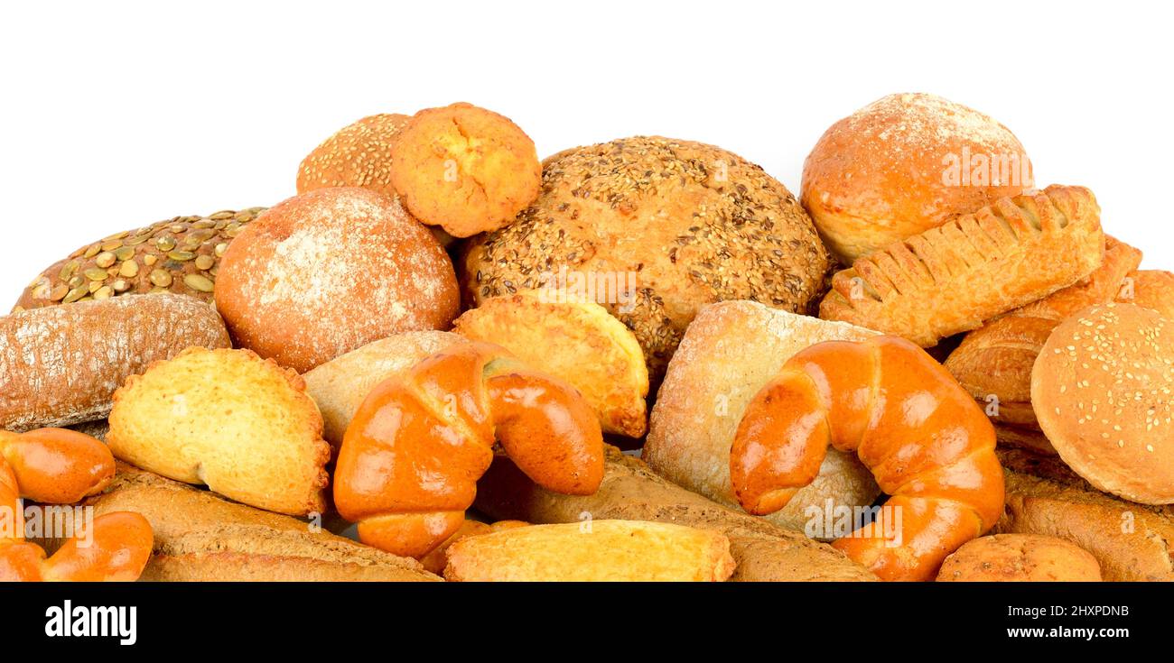 Placer les produits à base de pain isolés sur fond blanc. Banque D'Images