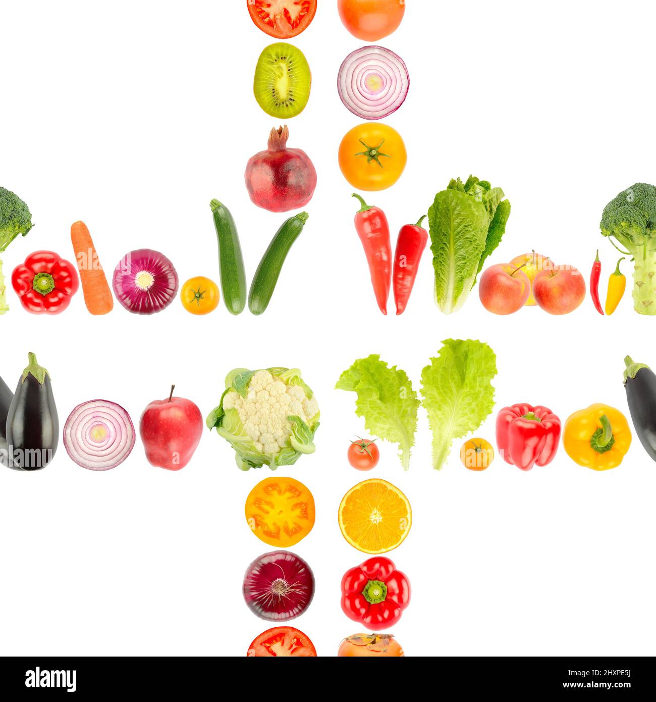 Motif sans couture provenant d'un grand nombre de légumes et de fruits brillants isolés sur fond blanc. Banque D'Images
