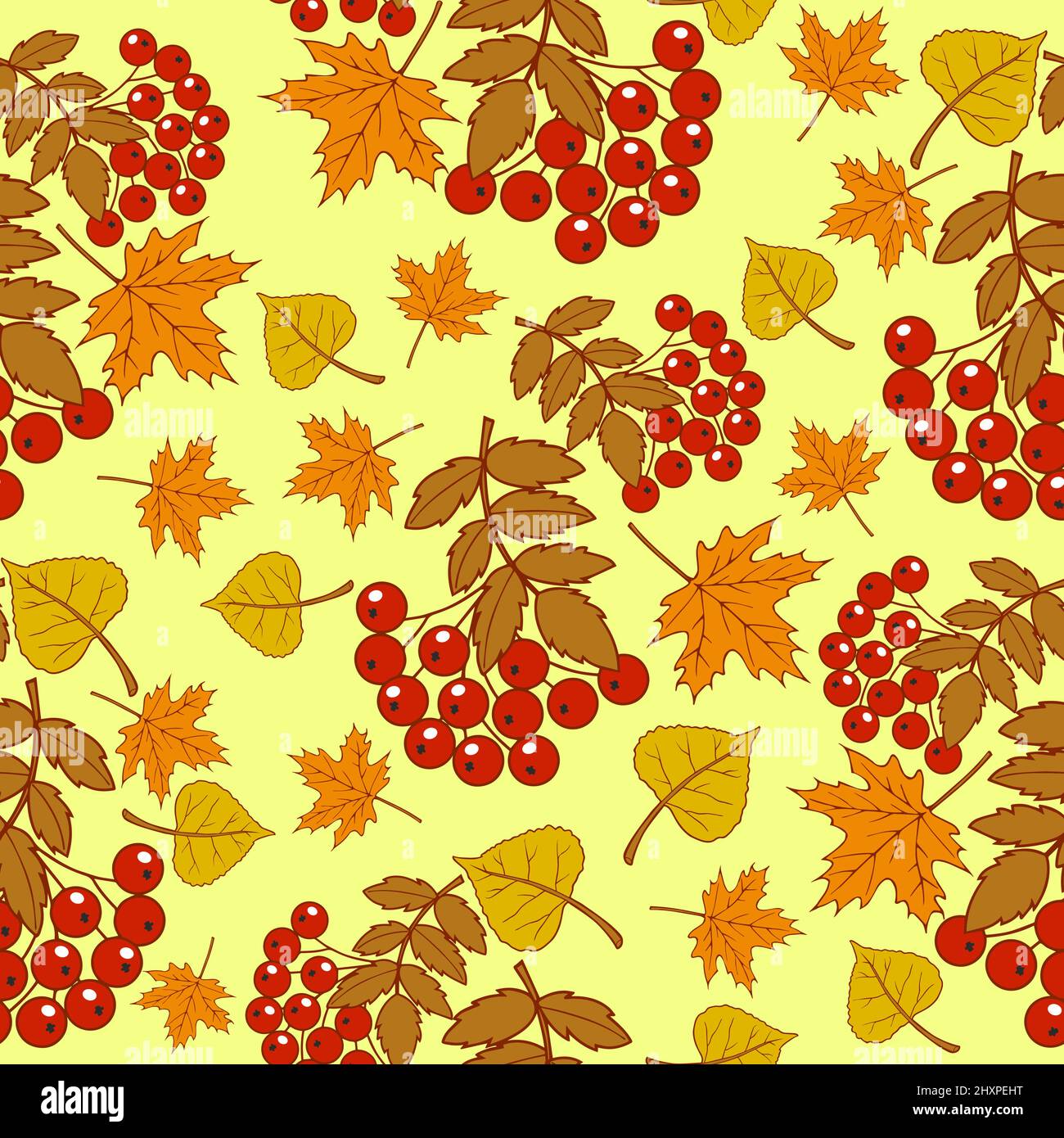 Illustration vectorielle de plantes en automne, feuilles jaunes et baies rouges de rowan Illustration de Vecteur