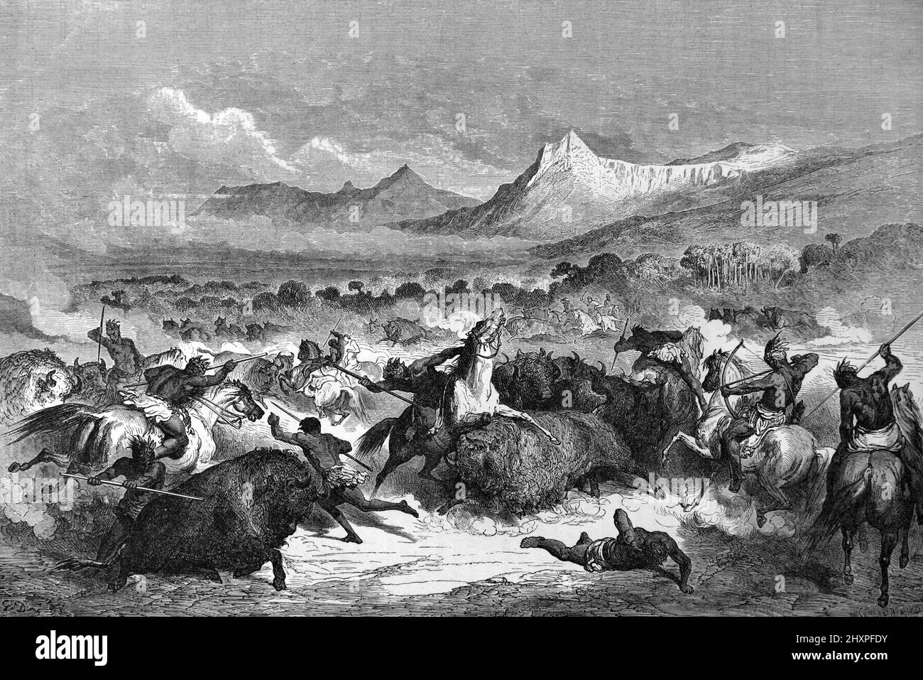 Buffalo Hunt ou Bison Hunt parmi Lenape ou Delaware Native American ou Amerindians US USA ou Etats-Unis d'Amérique. Illustration ancienne ou gravure 1860. Banque D'Images