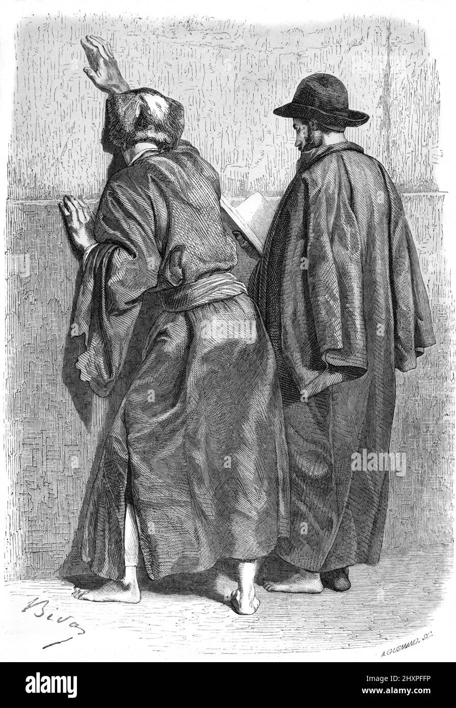 Les Juifs orthodoxes prient au mur des lamentations ou au mur occidental de la vieille ville de Jérusalem Israël. Illustration ancienne ou gravure 1860. Banque D'Images