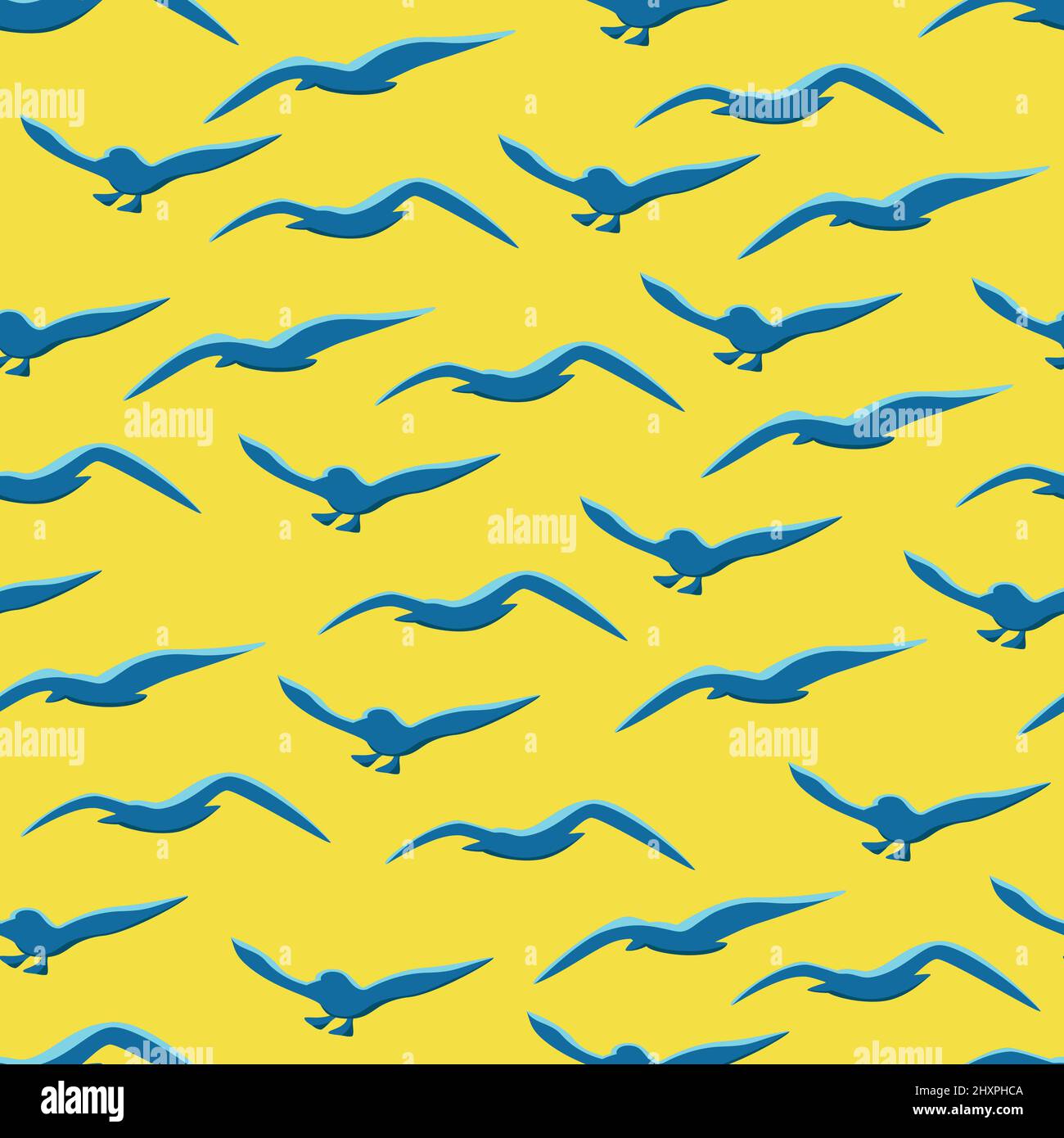 Motif mouettes sans coutures. Des goélands bleus de dessin animé volent sur fond jaune. Motif infini de vecteur marin Illustration de Vecteur