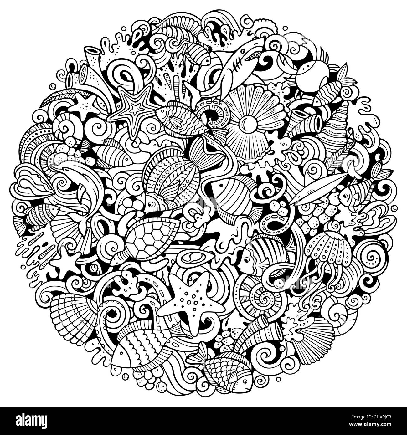 Dessin animé vectoriel griffeaux illustration du monde sous-marin. Détaillé, avec beaucoup d'objets arrière-plan. Tous les objets sont séparés. Esquisse de la vie de mer drôle ronde pi Illustration de Vecteur