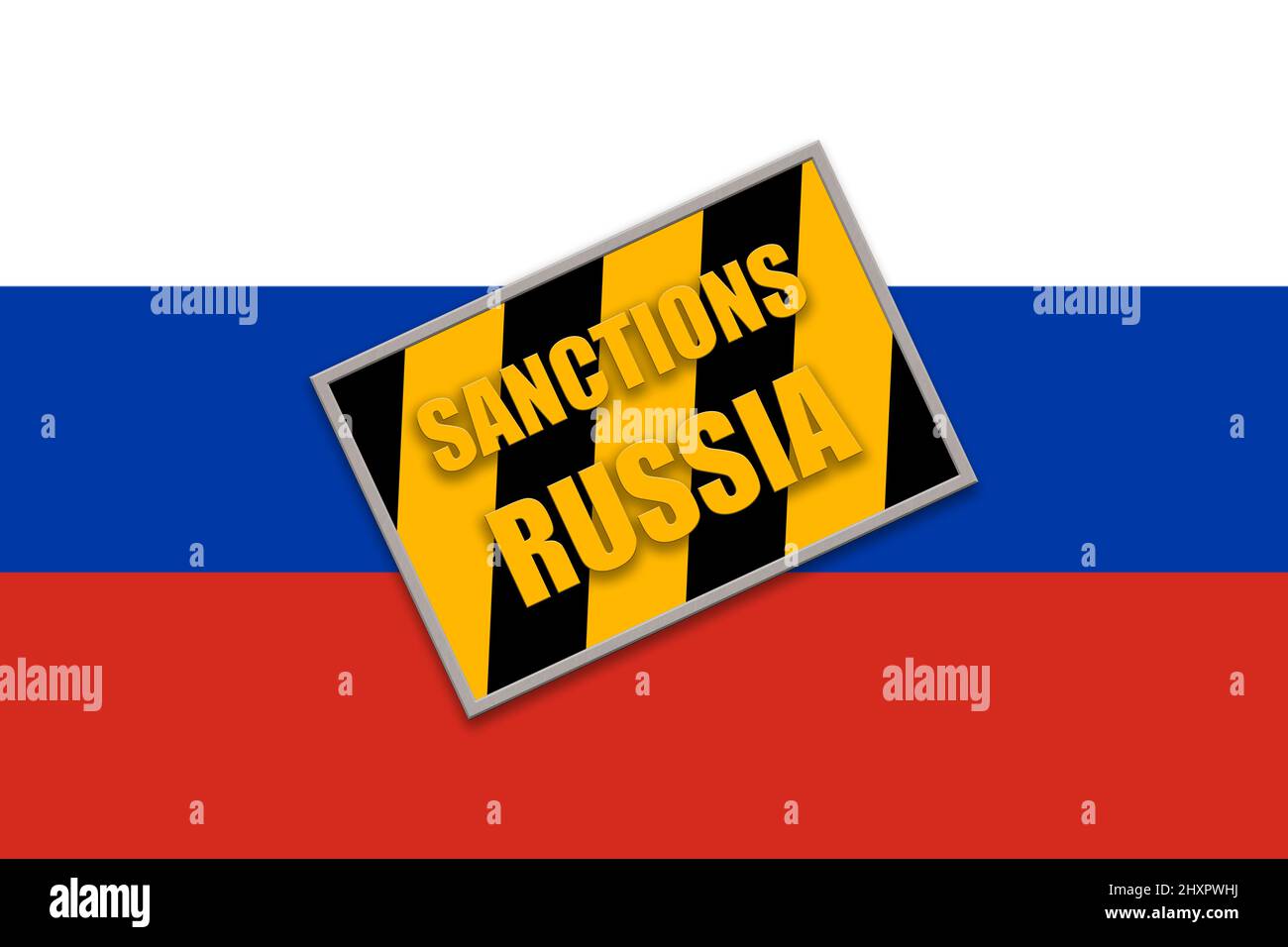 Sanctions contre la Russie. Bande de mise en garde et texte sur le drapeau russe 3D Illustration Banque D'Images