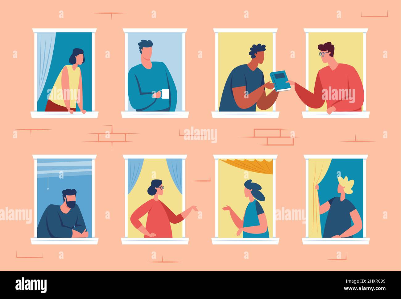Voisins dans les fenêtres, bon quartier, les gens qui regardent la fenêtre. Amis appartements voisins parlant à l'autre illustration de vecteur. Amis communiquant, discutant de livre, buvant du café Illustration de Vecteur