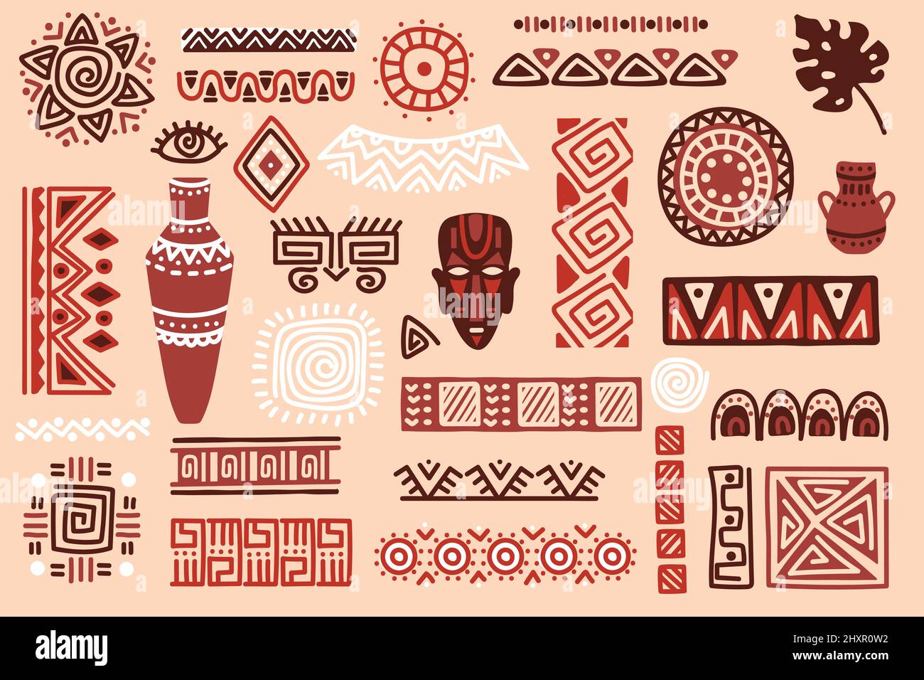 Éléments africains dessinés à la main, formes tribales et ornements textiles. Masques rituels traditionnels, vases, cercles ethniques et décors vectoriels. Symboles et diviseurs mystiques, formes folkloriques isolées Illustration de Vecteur