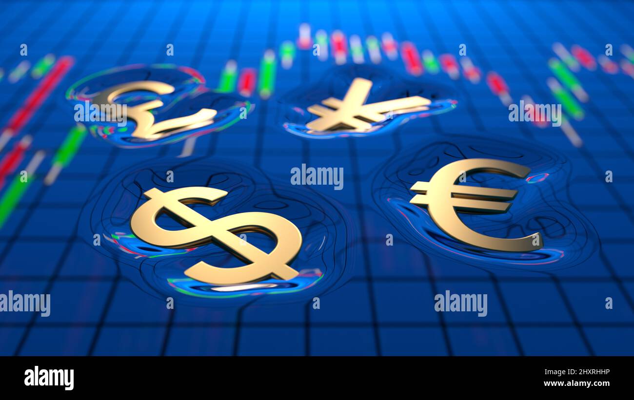 Les symboles dollar, euro, yen et livre britannique flottent sur le tableau des devises comme des objets flottant sur la surface de l'eau Banque D'Images