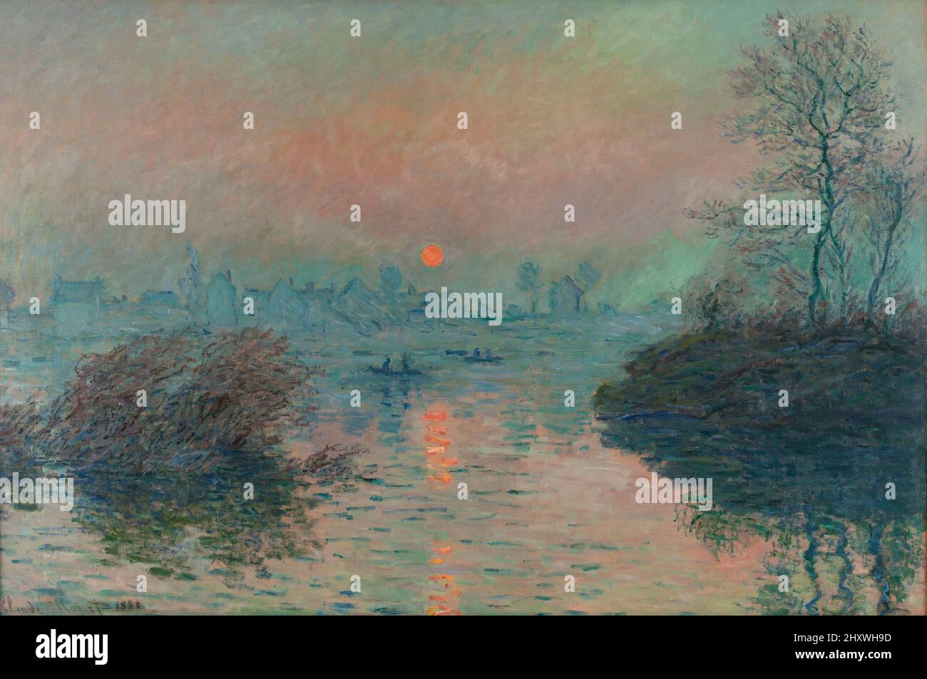 Soleil couchant sur la seine à Lavacourt huile sur toile par l'impressionniste Claude Monet créé en 1880 Banque D'Images