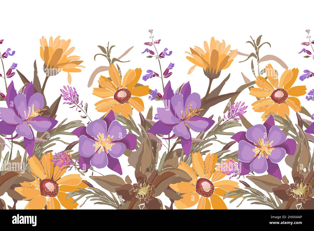 Motif fleuri vectoriel sans couture, bordure. Illustration panoramique horizontale avec fleurs de prairie jaunes et violettes. Illustration de Vecteur