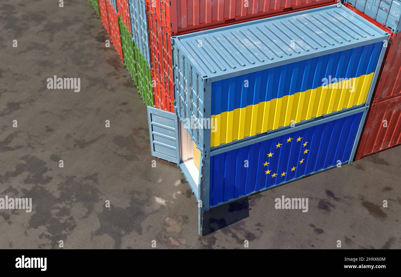 Conteneurs de marchandises avec drapeaux de l'Union européenne et de l'Ukraine. 3D rendu Banque D'Images
