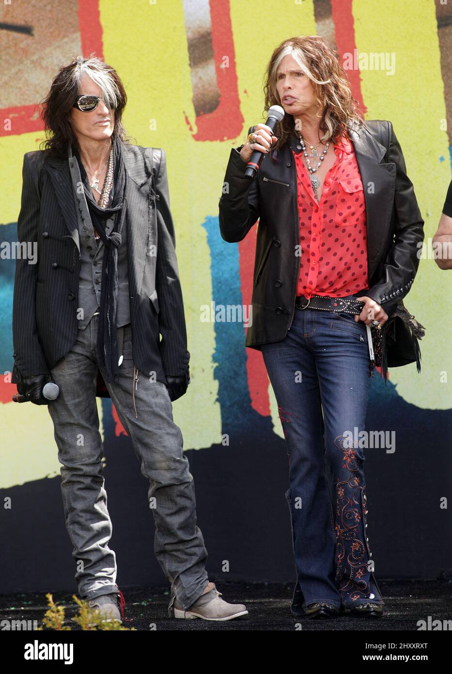 Joe Perry et Steven Tyler à l'Aerosmith : annonce de la visite sur le réchauffement climatique à Los Angeles, États-Unis. Banque D'Images